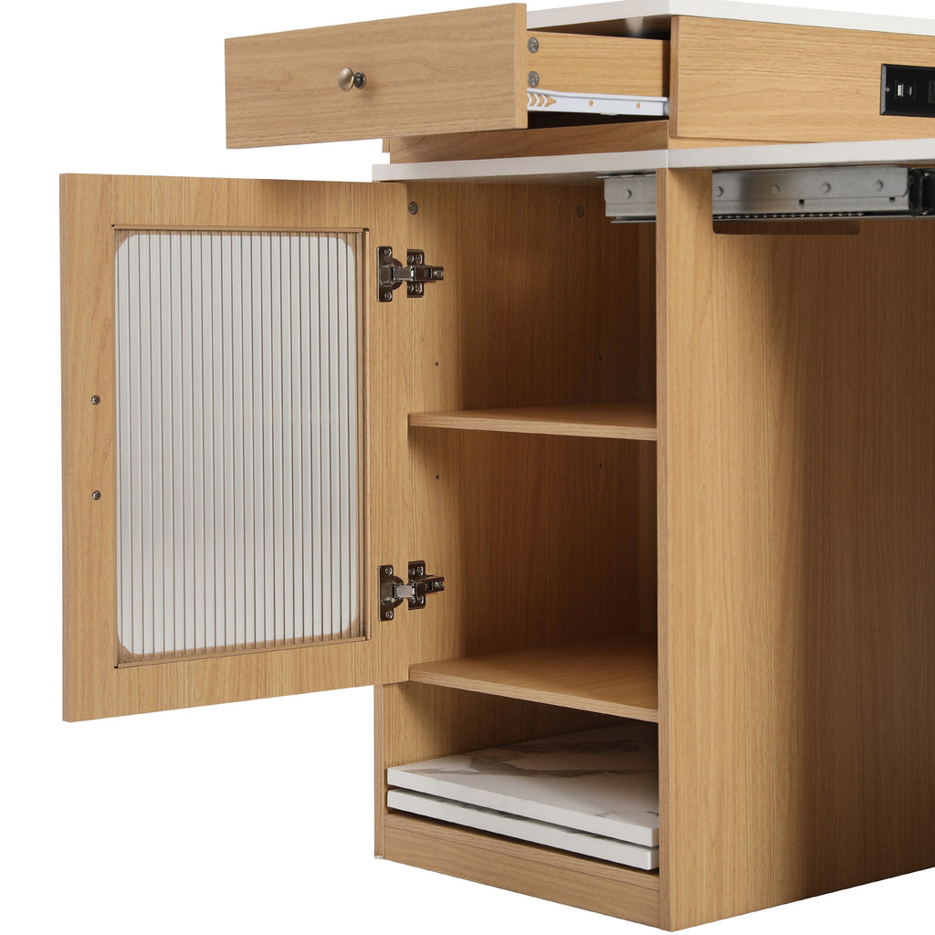 K&K 59.5'Kitchen Island with Extendable Dining Table, Kitchen Storage Table with Double-sided Storage, Kitchen Island with 2 Drawers, Power Outlet, Side Open Shelves, for Kitchen, Dining Room, Natural - Grand Goldman Shop
