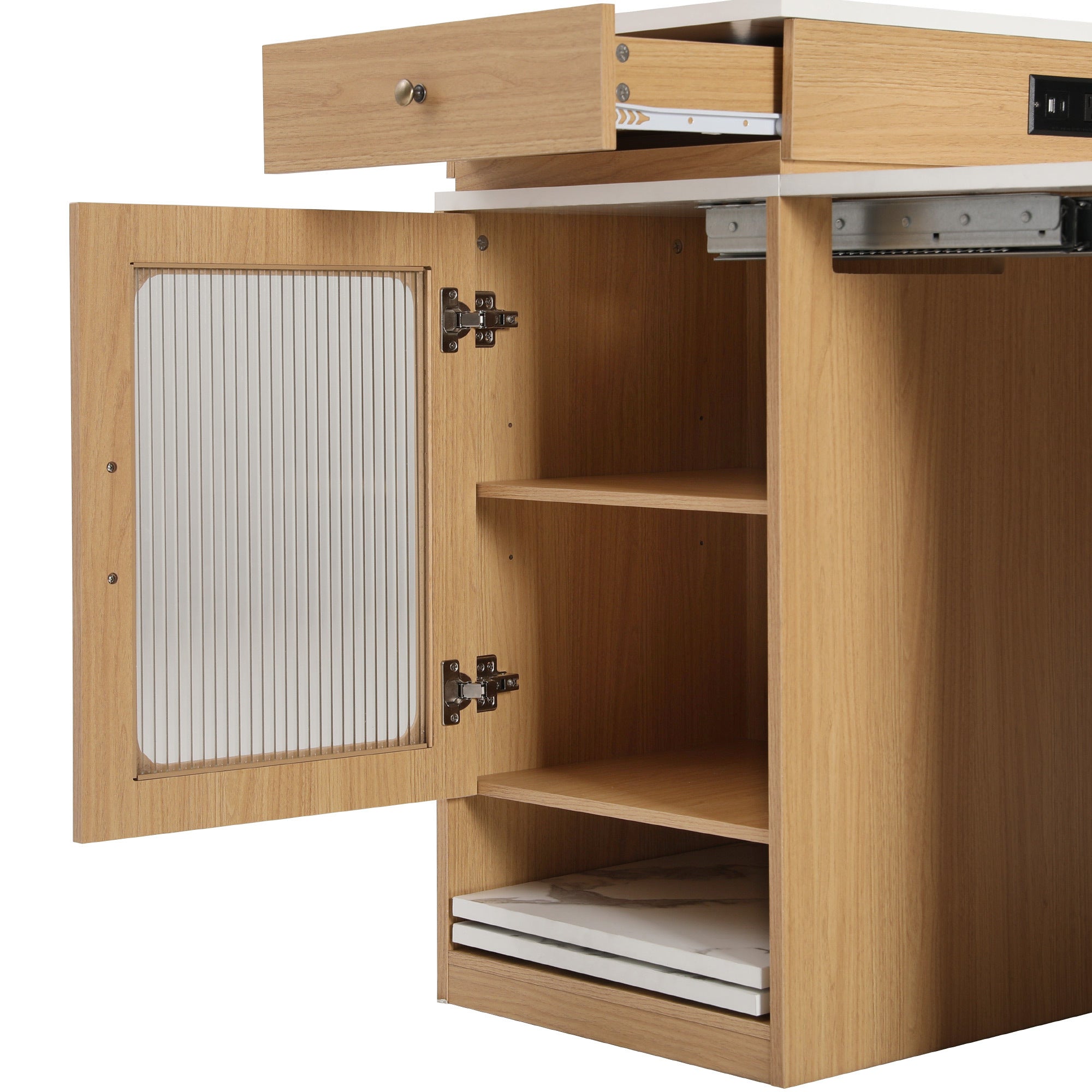 K&K 59.5'Kitchen Island with Extendable Dining Table, Kitchen Storage Table with Double-sided Storage, Kitchen Island with 2 Drawers, Power Outlet, Side Open Shelves, for Kitchen, Dining Room, Natural - Grand Goldman Shop