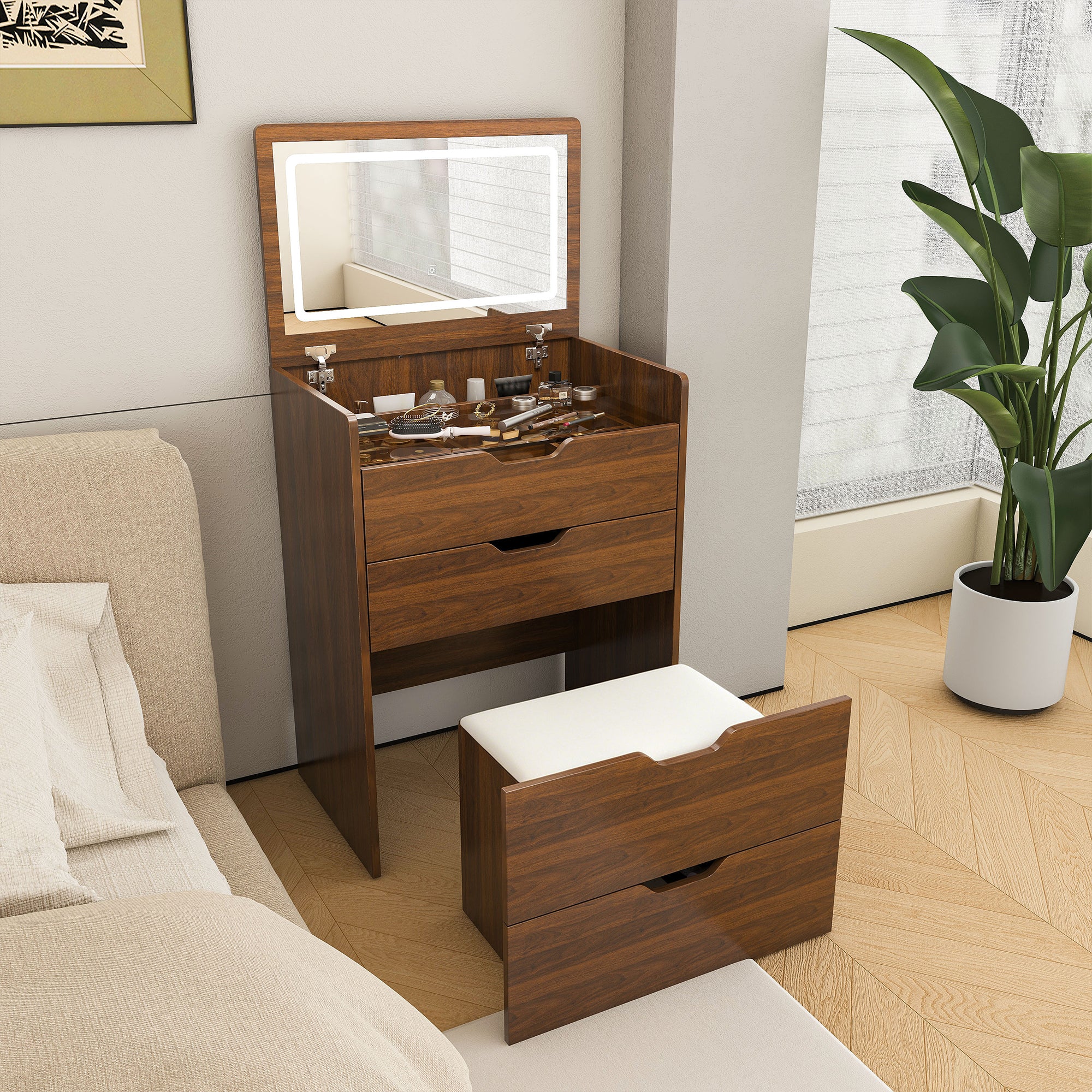 3-in-1 Vanity Desk with Flip Top Lighted Mirror & Storage Stool, Compact Makeup Dressing Table in Walnut Finish, 23.62L - Grand Goldman Shop