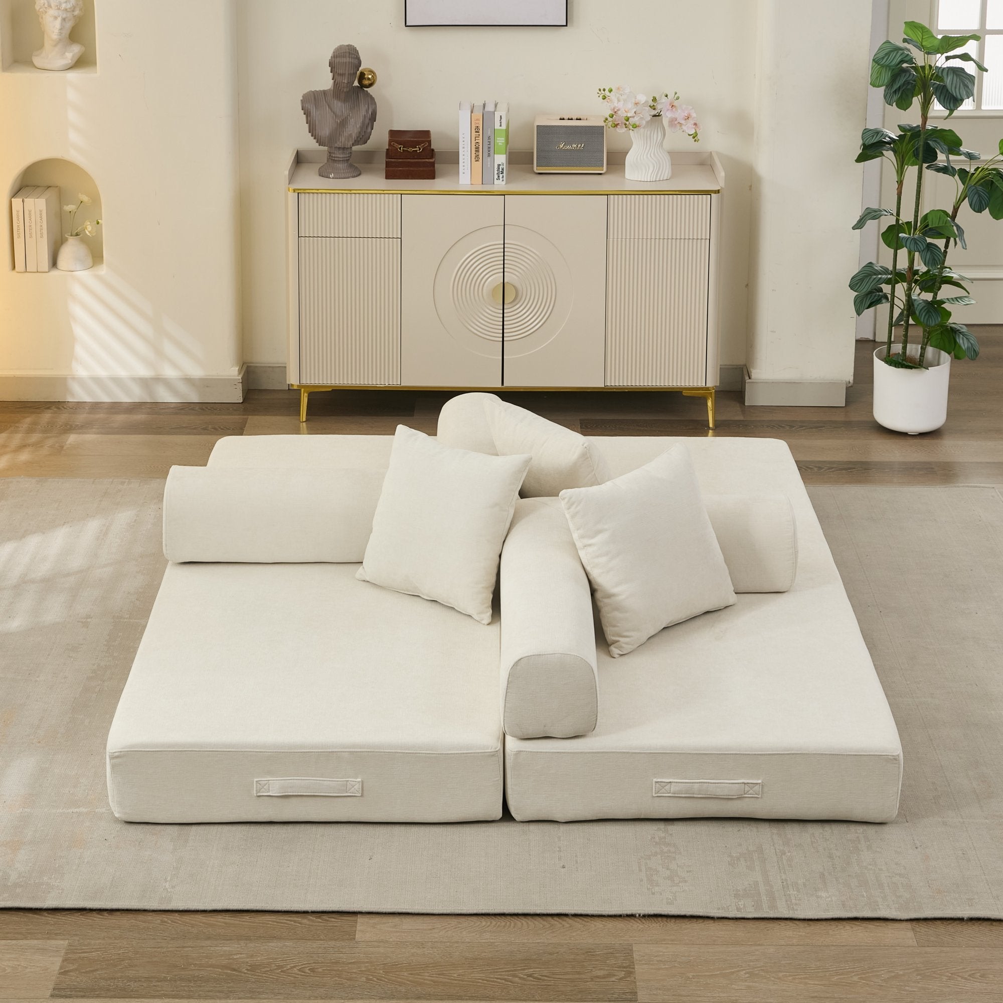 Comfy Convertible Folding Mattress Couch, Floor Sofa Bed, Chenille Floor Sofa with Armrest, Floor Sofa Lounge Couch for Living Room Bedroom Lounge Studio-Beige - Grand Goldman Shop