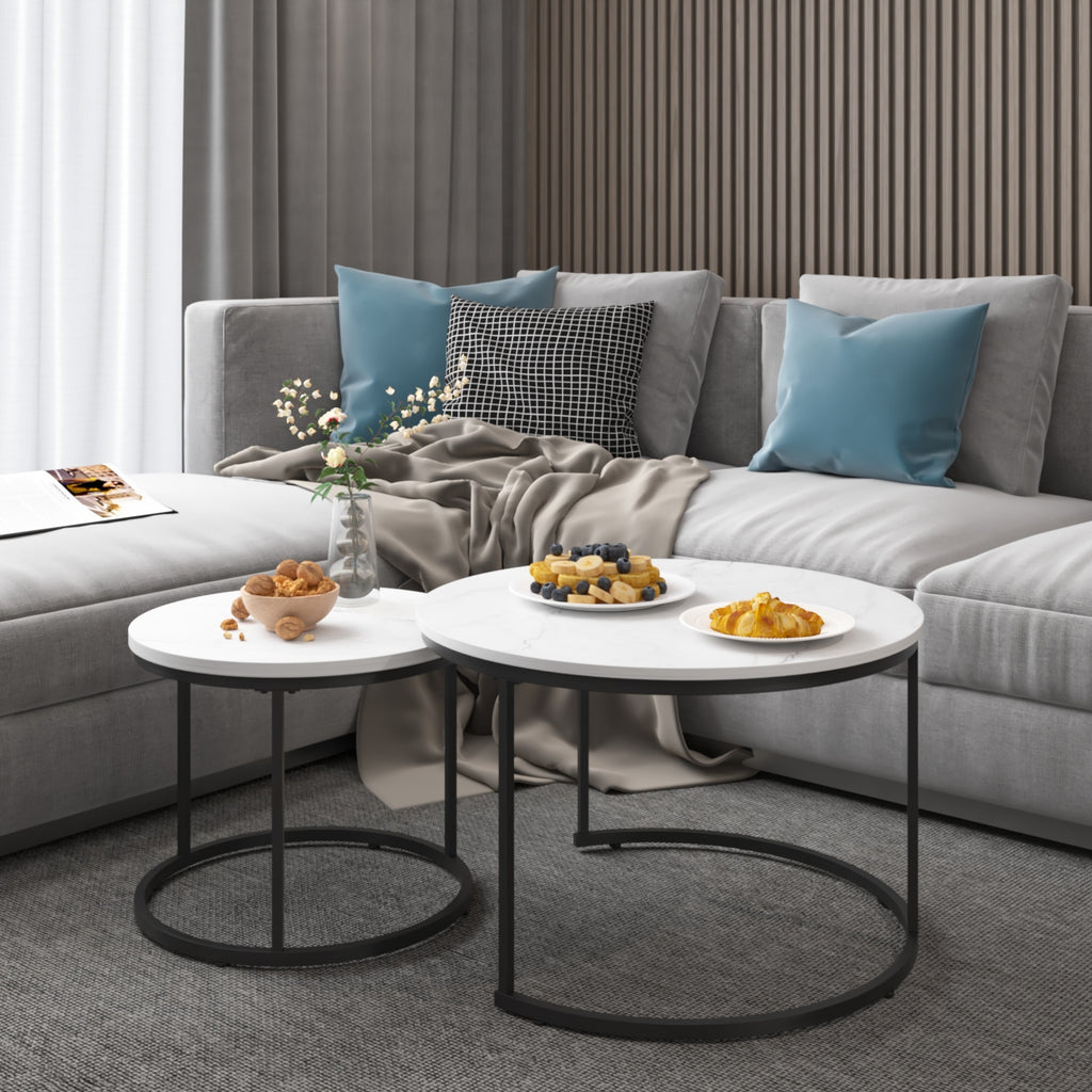 Nesting Coffee Table Set of 2, 27.6inch Round Wood Marble Pattern Top with Sturdy Metal Frame, White Living Room End Tables for Bedroom Balcony Yard - Grand Goldman Shop