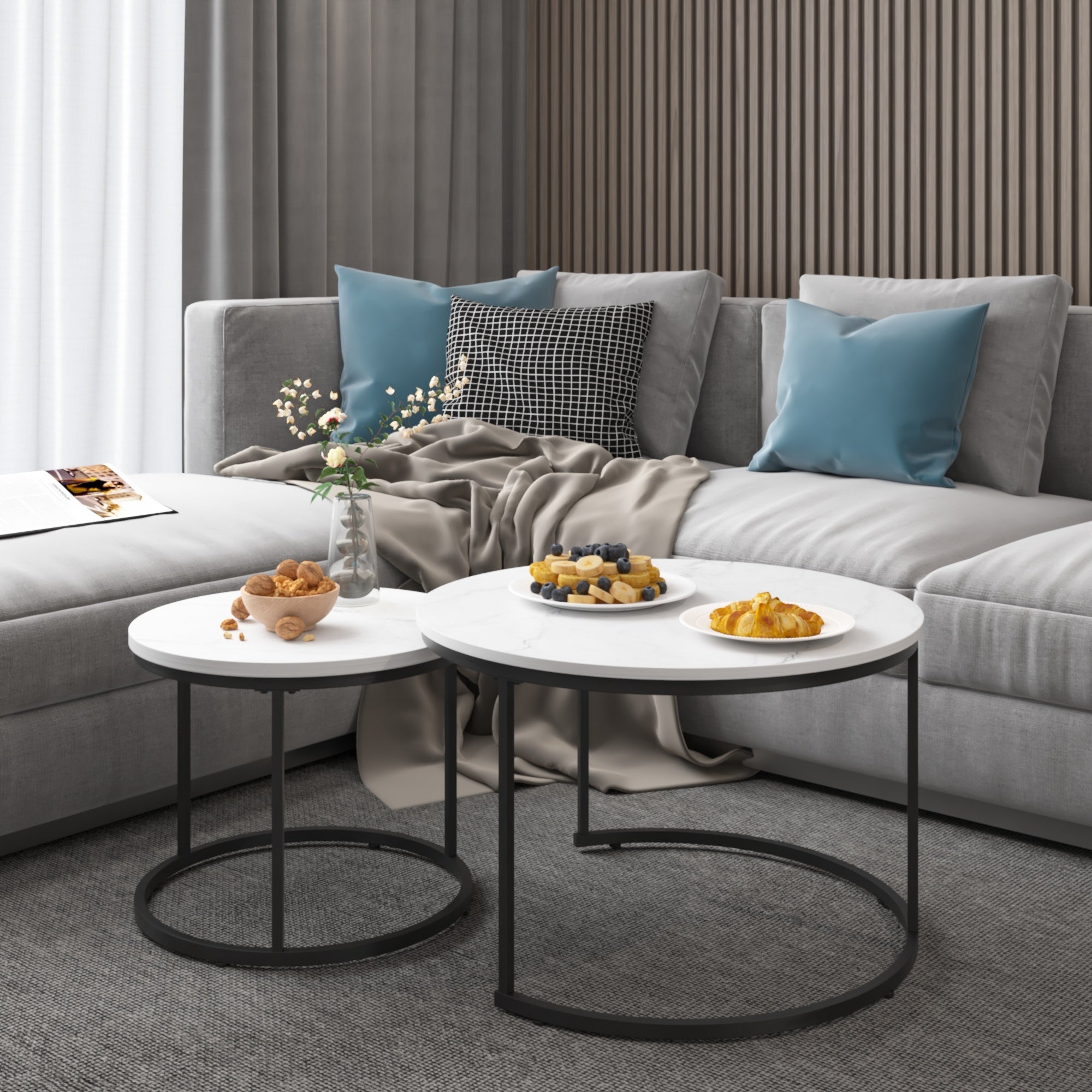 Nesting Coffee Table Set of 2, 27.6inch Round Wood Marble Pattern Top with Sturdy Metal Frame, White Living Room End Tables for Bedroom Balcony Yard - Grand Goldman Shop