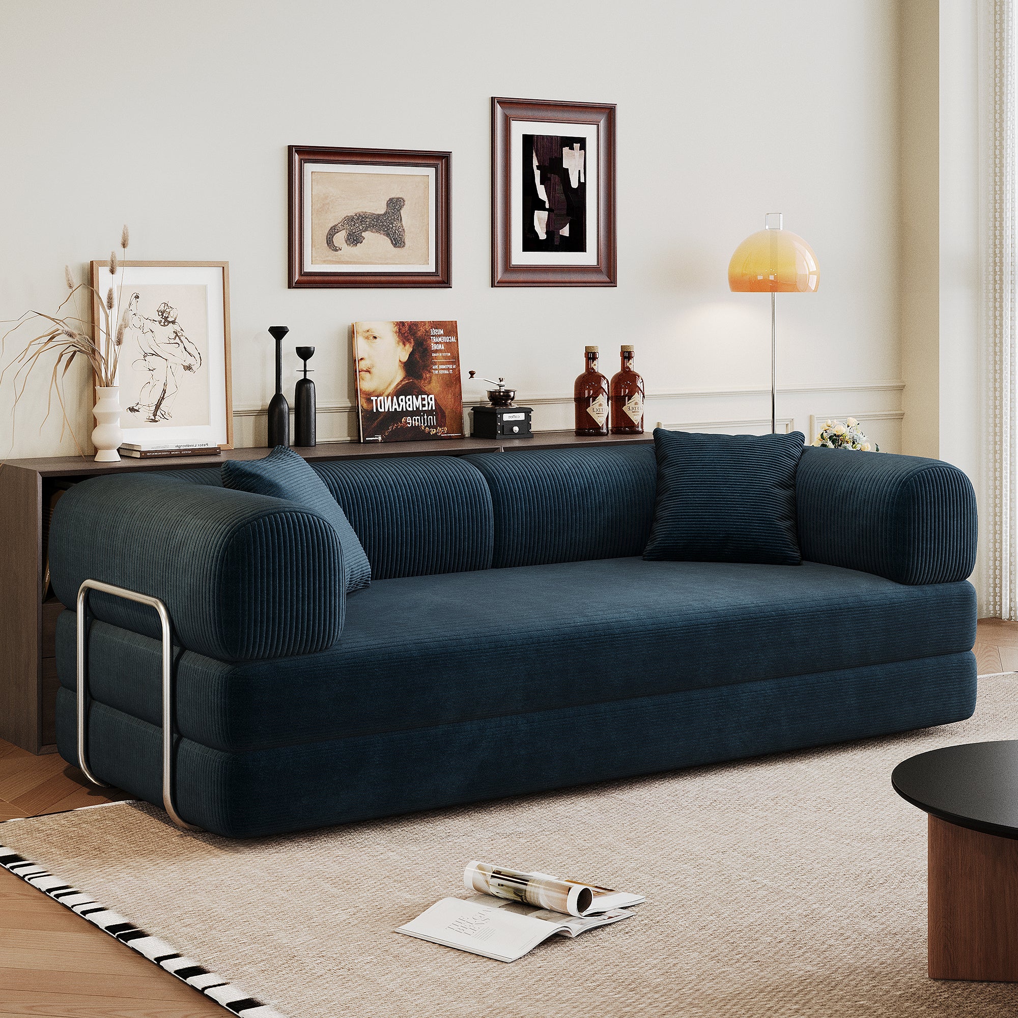 78.8' Compression Sofa,Convertible Floor Sofa Bed-with Pillow Back Support Armrest,Comfy Futon Couch Sleeper Bed,Loveseats Boneless Modular Sectional Sofa,Corduroy fabric,for Living Room,Bedroom,Blue - Grand Goldman Shop