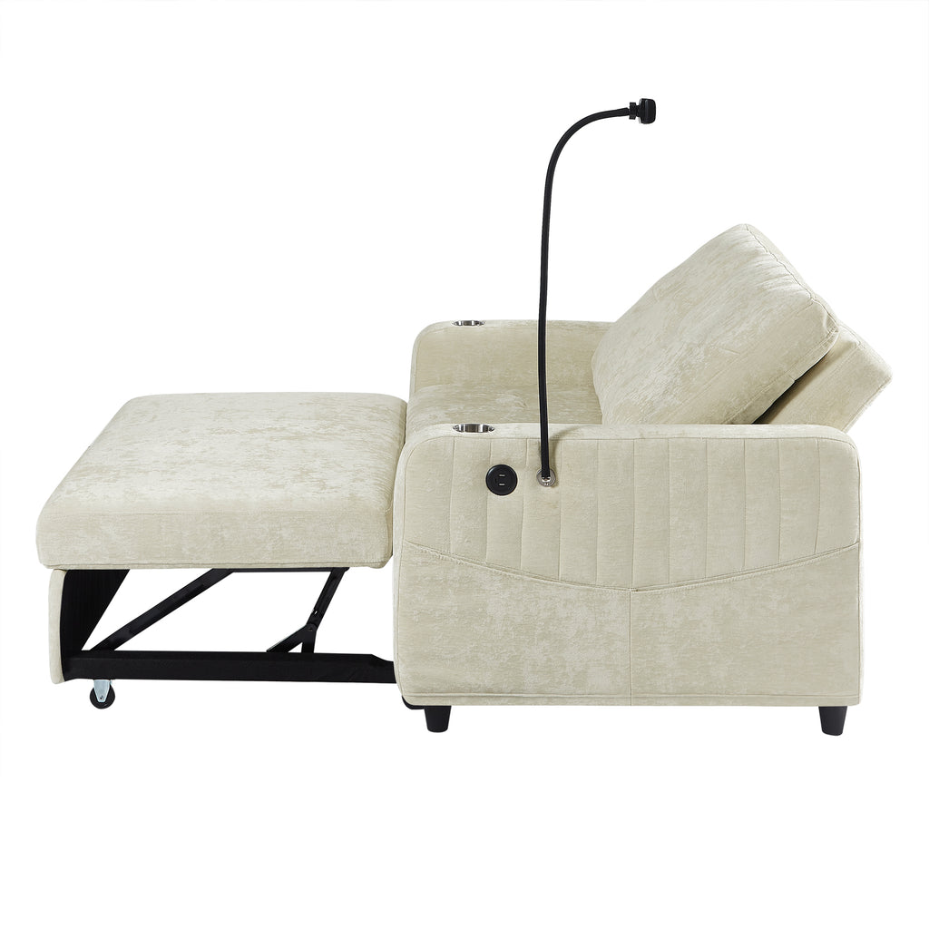 Modern 53.9' Loveseat Pull-out Sofa Bed with Adjustable Backrest, Cup Holders, Charging Ports & Side Storage in Beige Chenille - Grand Goldman Shop
