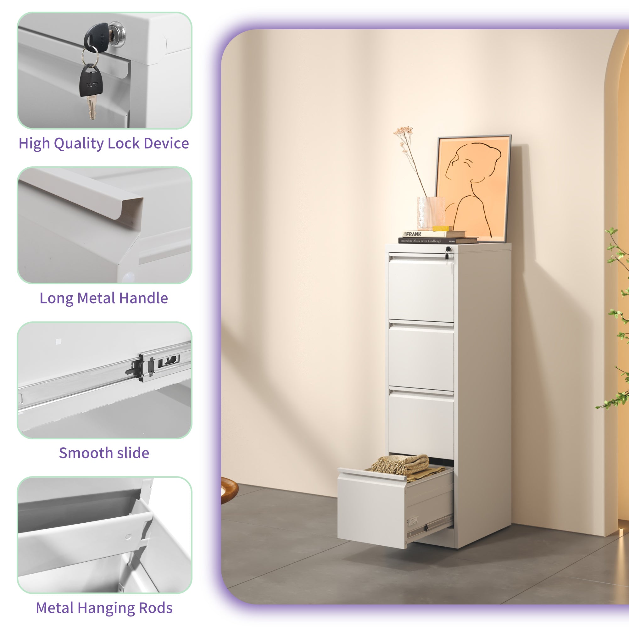 SteelCraft Pro 4 Drawer Vertical File Cabinet with Lock for A4 Legal/Letter Size, White Metal - Grand Goldman