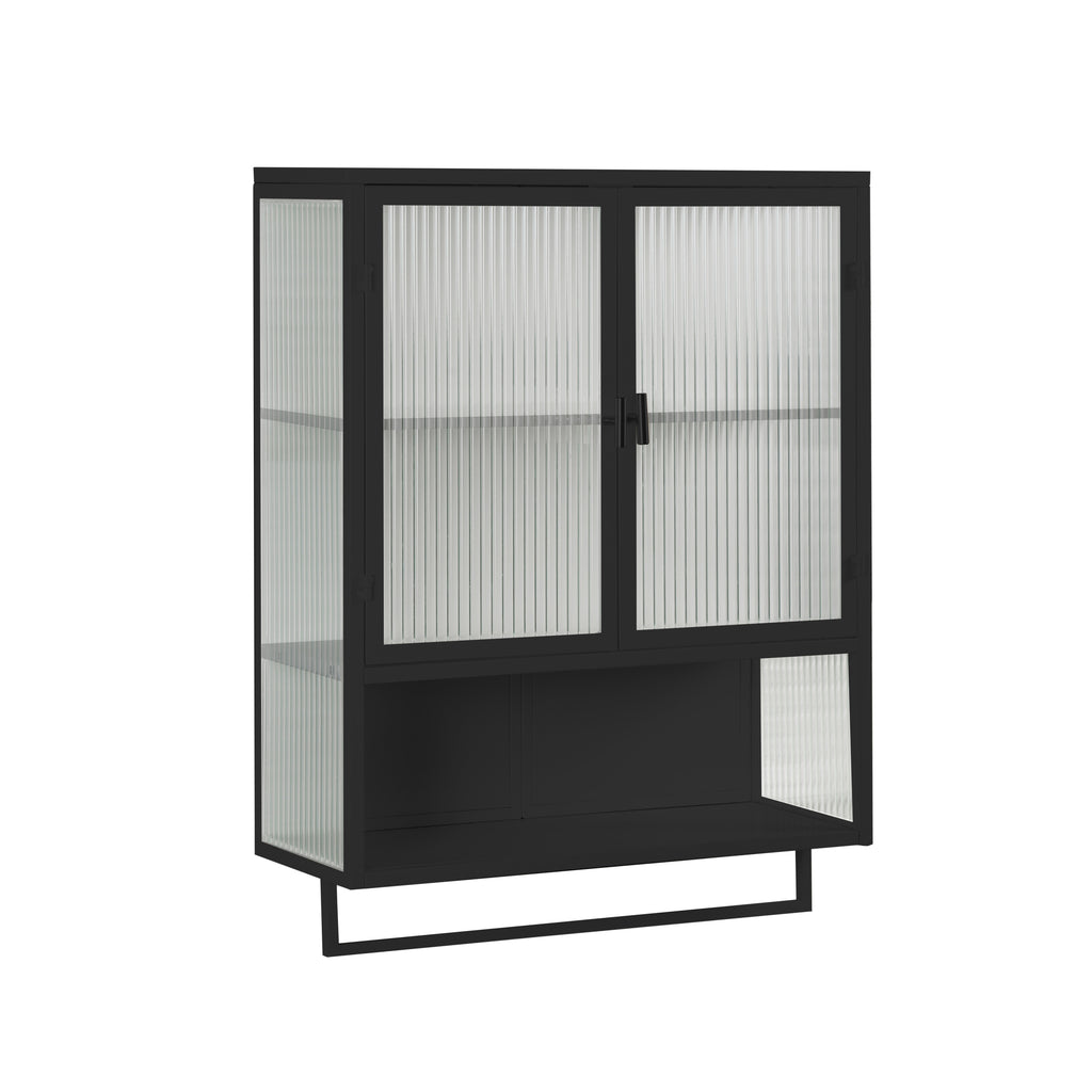 23.62'Glass Doors Modern Two-door Wall Cabinet with Featuring Two-tier Enclosed Storage, an Open Shelf, and Towel Rack, for Entryway Living Room Bathroom Dining Room,Black - Grand Goldman Shop