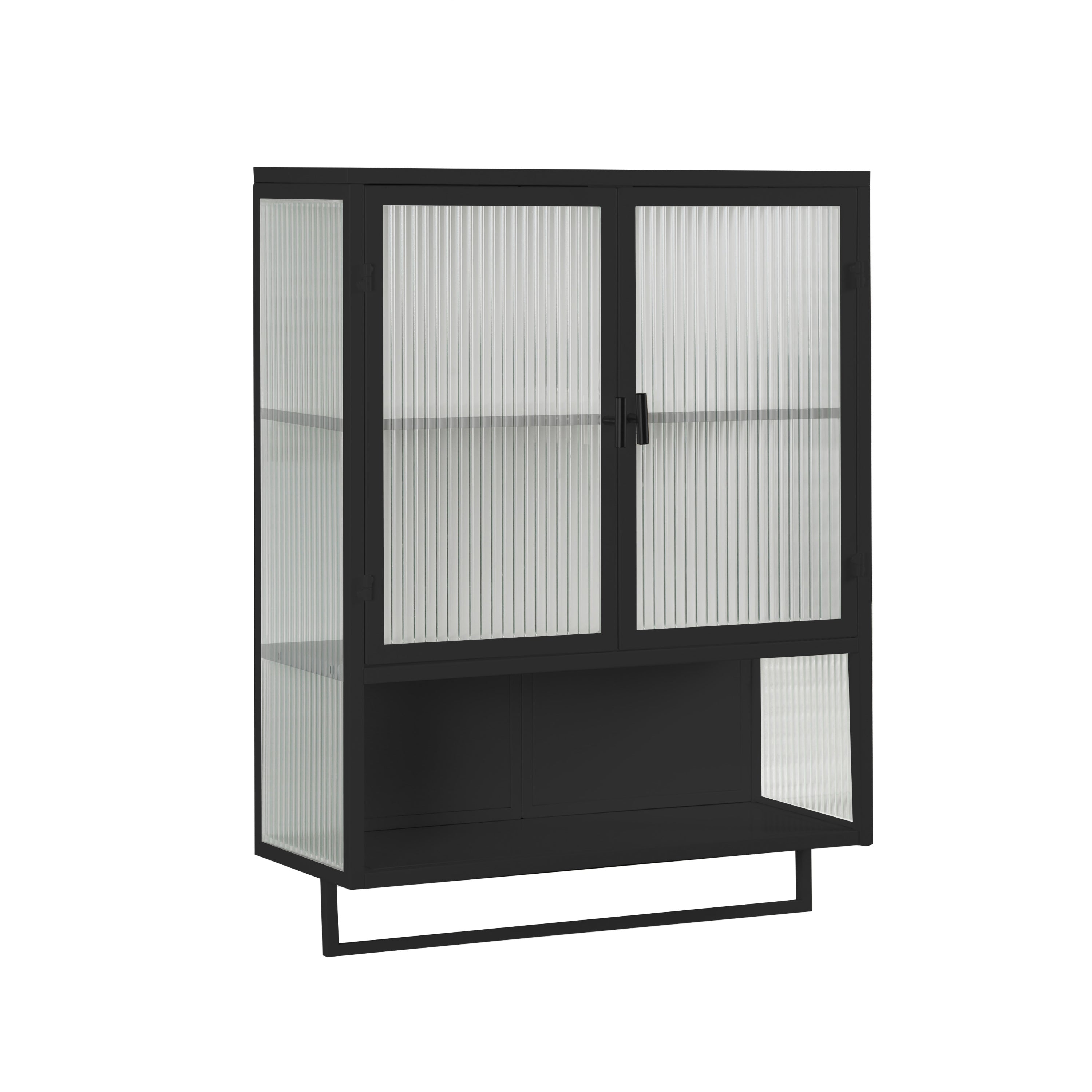 23.62'Glass Doors Modern Two-door Wall Cabinet with Featuring Two-tier Enclosed Storage, an Open Shelf, and Towel Rack, for Entryway Living Room Bathroom Dining Room,Black - Grand Goldman Shop