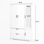 4 Doors Wardrobe Closet with Mirror, LED Wardrobe with Doors and 2 Drawers, Wooden Wardrobe Storage Cabinet with Hanging Rod, Adjustable Shelves, White - Grand Goldman Shop