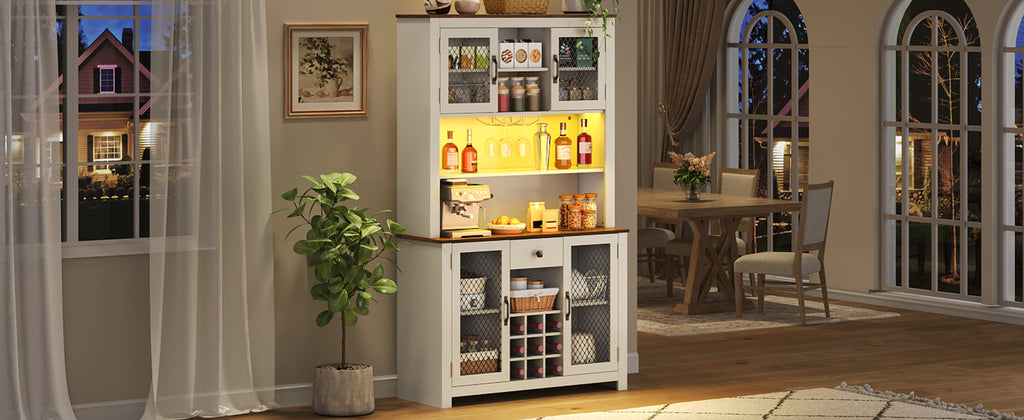 70.9' Kitchen Pantry Storage Cabinet Rustic Buffet Cabinet, Kitchen Hutch Cabinet with LED Outlets Food Pantry Cabinet with Doors and Shelves Wine Rack for Dining Room, White - Grand Goldman Shop