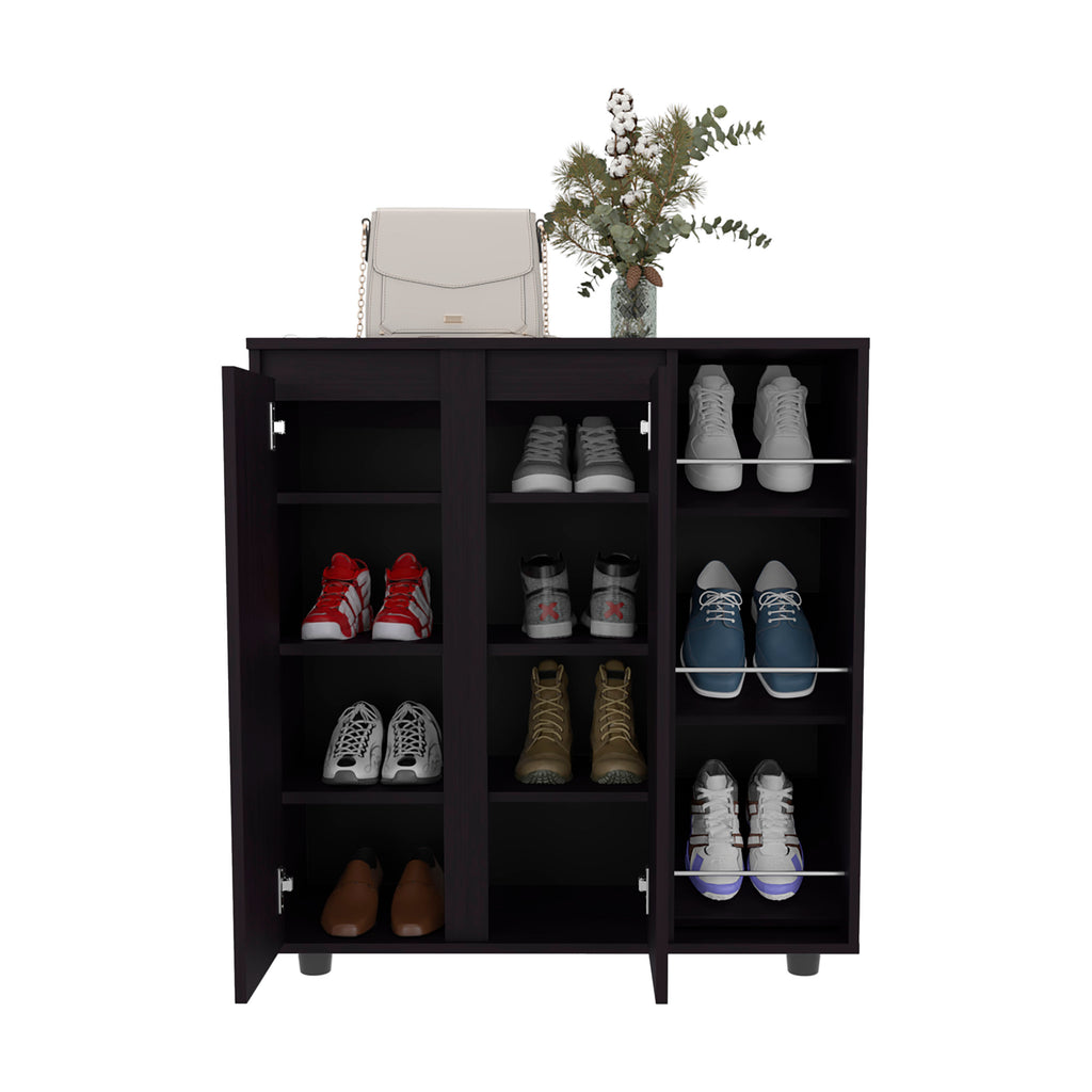 Gitano Shoe Storage Cabinet, 2 Doors, 8  Enclosed Shelves, 3 Open Side Shelves, Freestanding Design, Entryway or Bedroom Use, Wenge - Grand Goldman Shop
