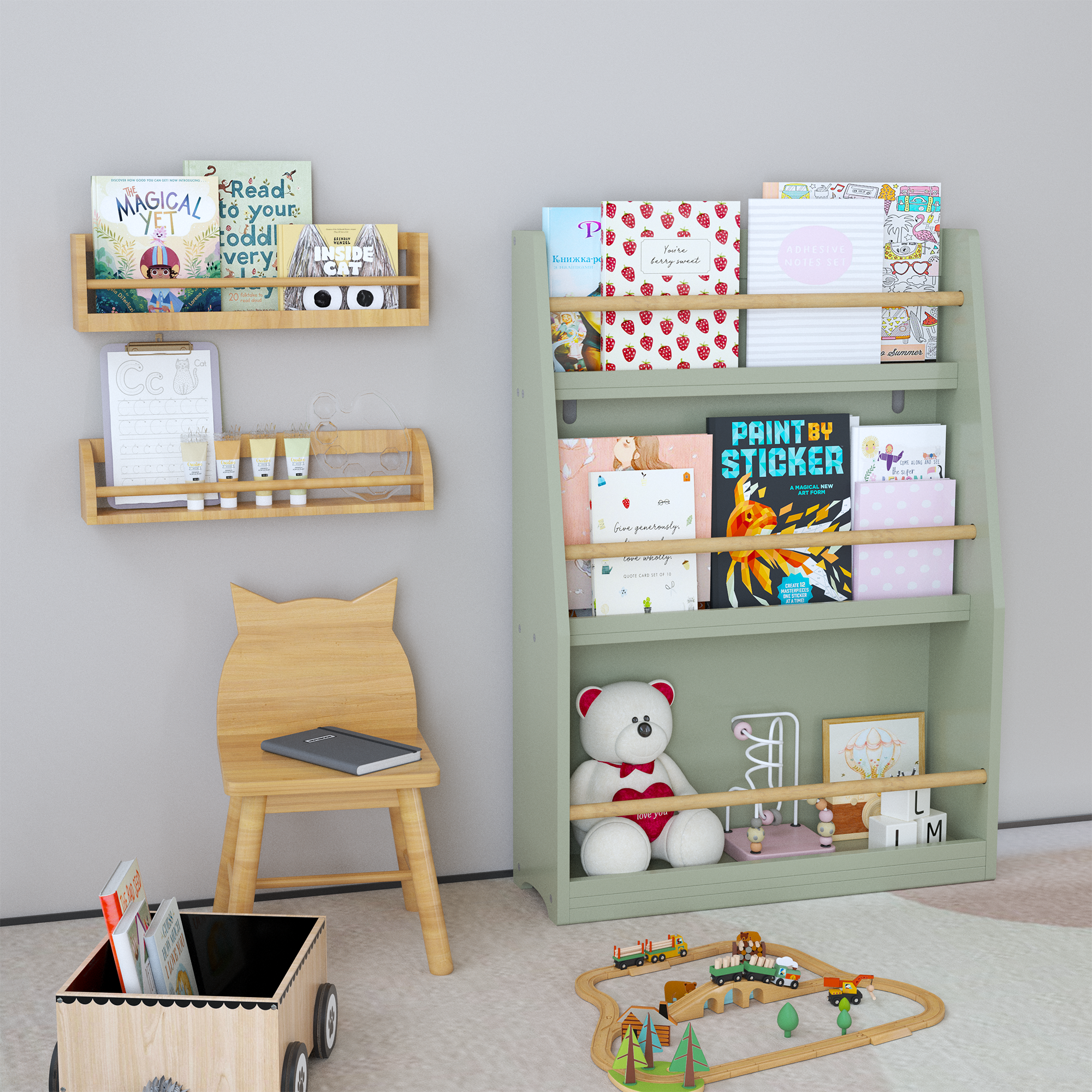 3 Tier Kids Book Shelf in Sage with Pine Wood and MDF Construction, Compact Storage for Bedrooms, Playrooms, and Classrooms |