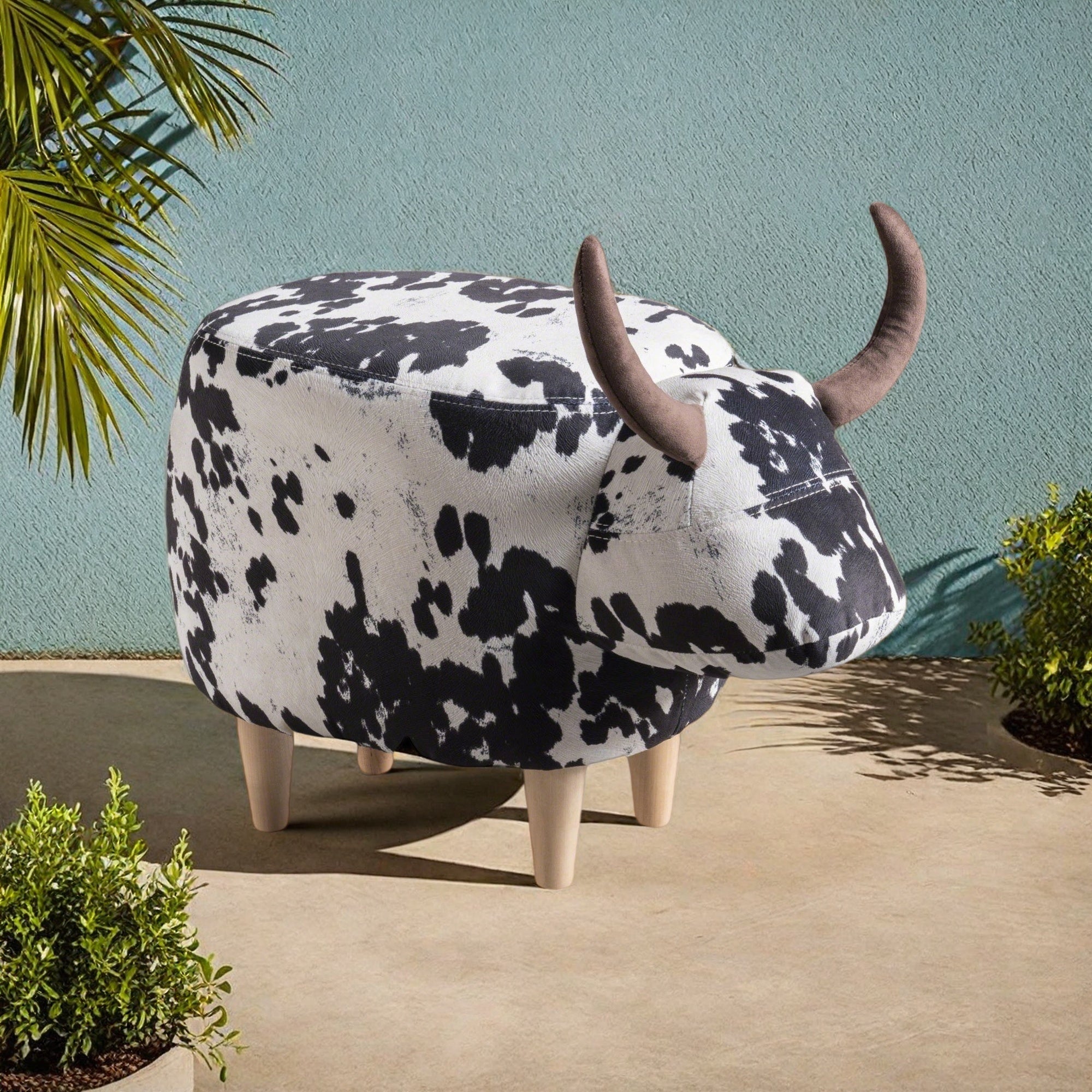 Cow-Shaped Ottoman Footstool, Black and White Modern Accent Stool with Velvet Horns, Fabric Body, Birch Legs - Grand Goldman Shop