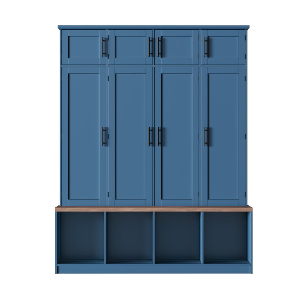 Farmhouse Hall Tree with 4 Hidden Hanging Hooks, Versatile Walnut Seating Bench with 8 Doors, Entryway Shoe Cabinet with Open Compartment for Living Room, Blue (OLD SKU:N721S000059C) - Grand Goldman Shop