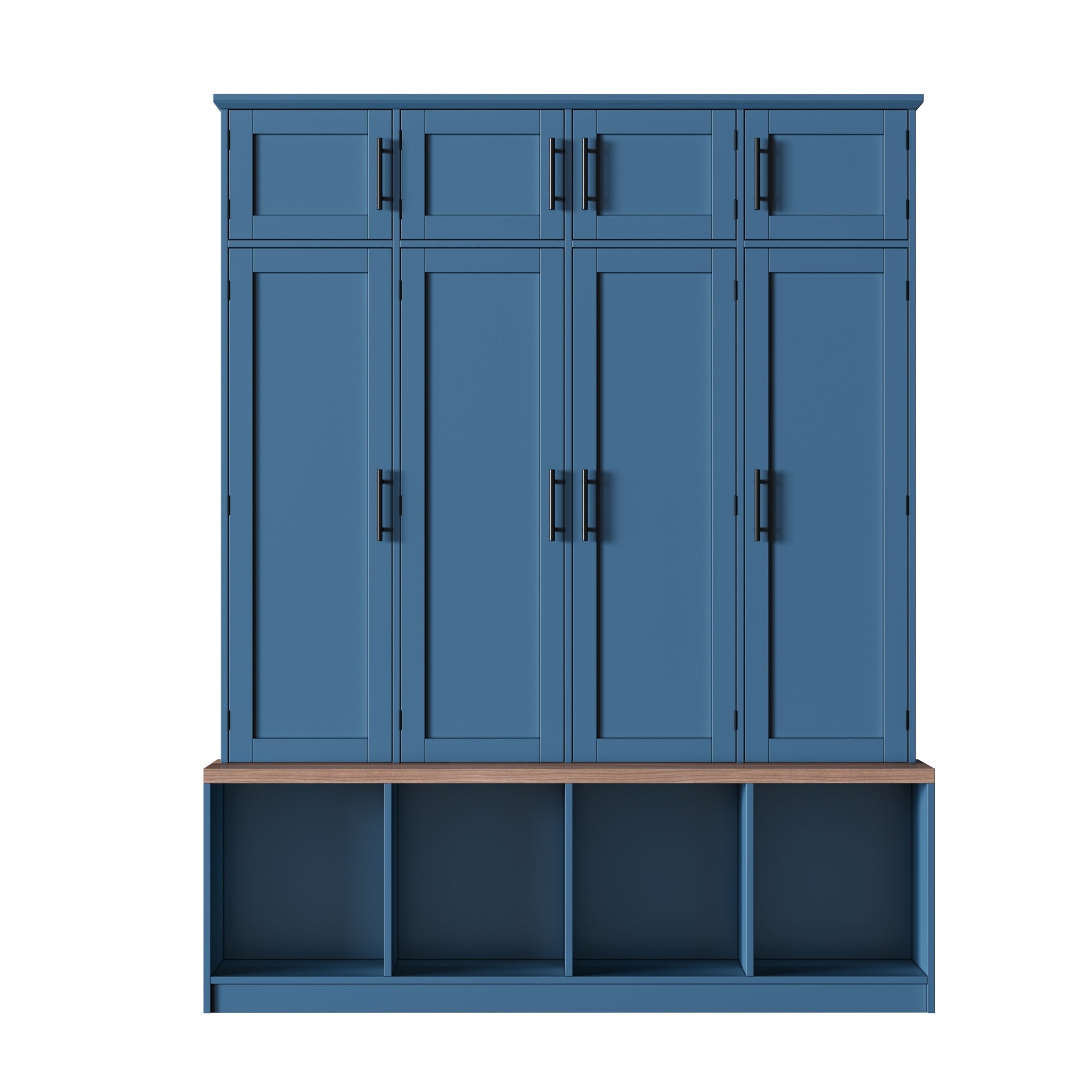 Farmhouse Hall Tree with 4 Hidden Hanging Hooks, Versatile Walnut Seating Bench with 8 Doors, Entryway Shoe Cabinet with Open Compartment for Living Room, Blue (OLD SKU:N721S000059C) - Grand Goldman Shop