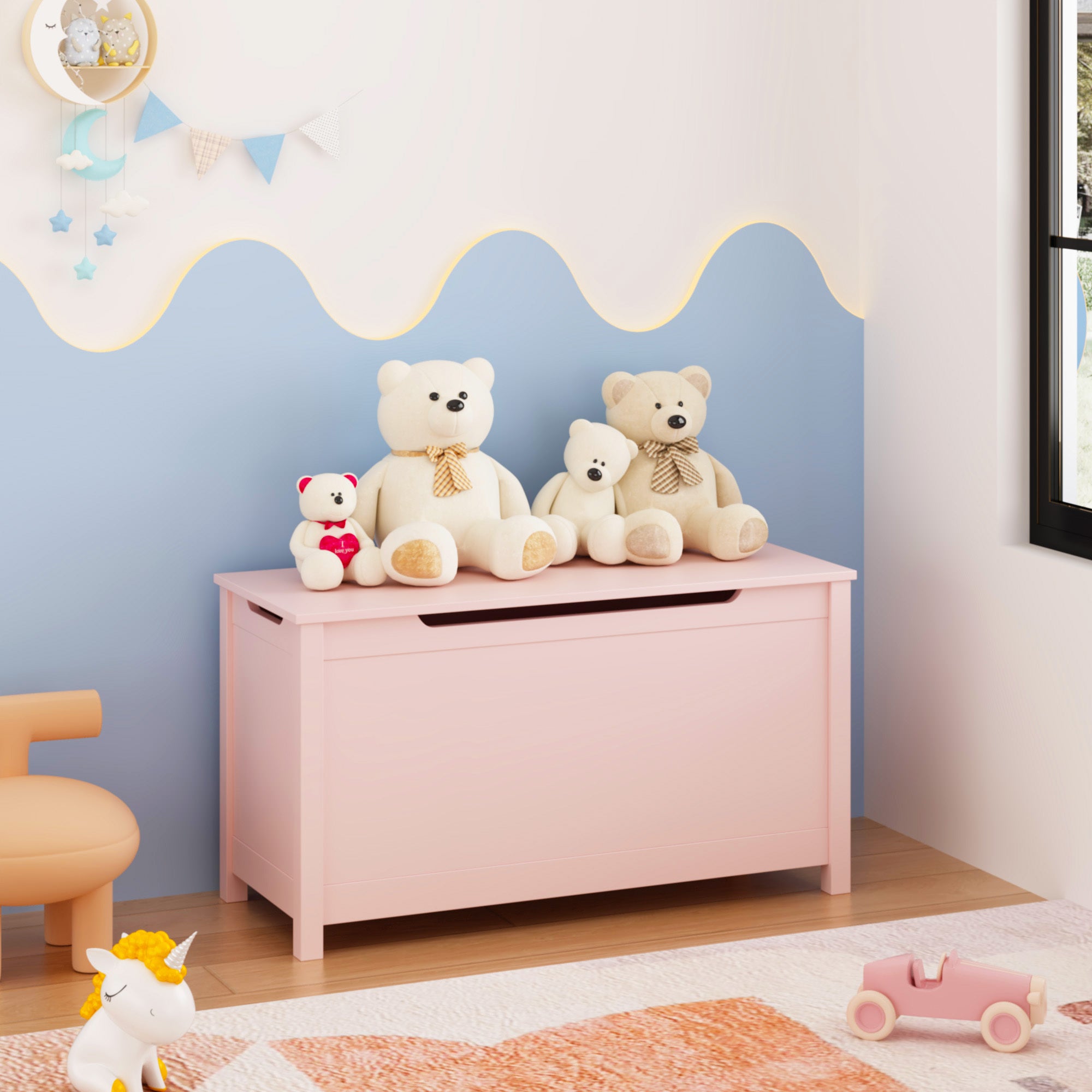 Kids Wooden Toy Box Storage with Safety Hinged Lid for Ages 2+ (Pink) | Premium Home Decor - Grand Goldman