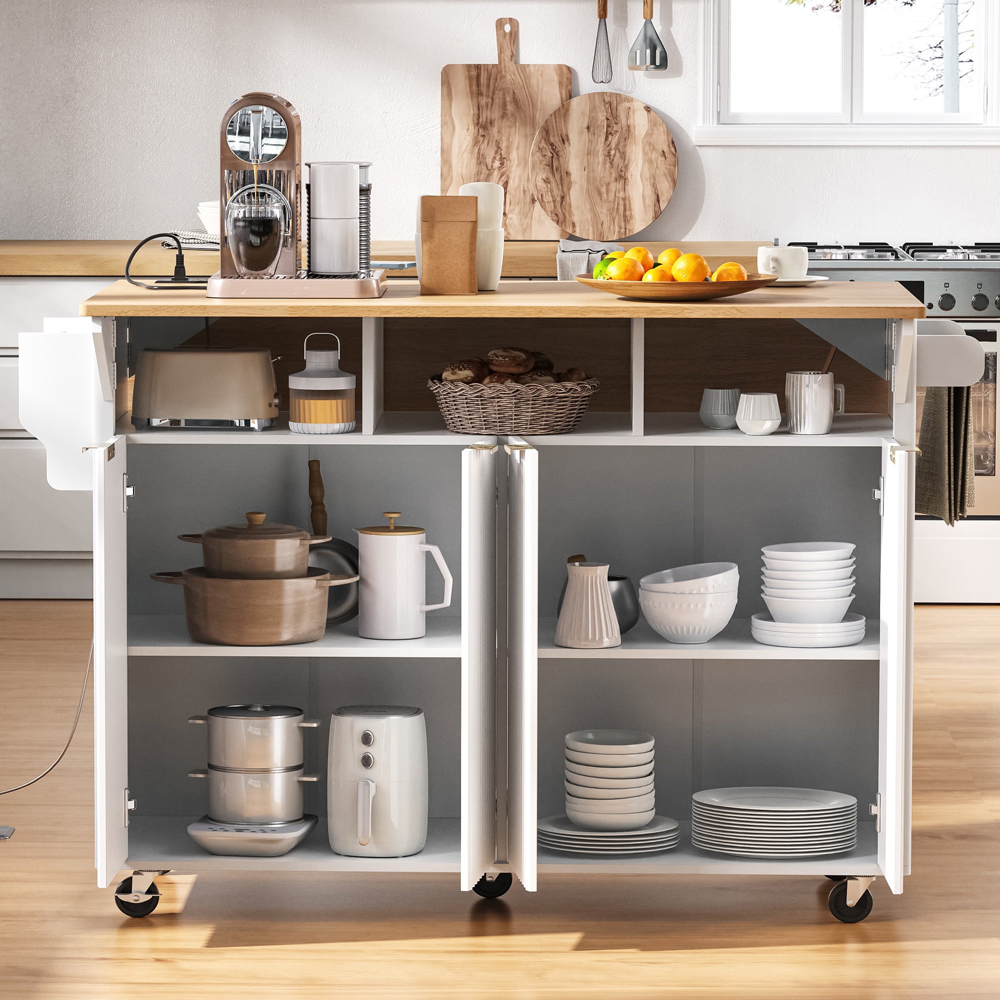 K&K 55.5' Fluted Kitchen Island with 2 Drop Leaf, Kitchen Storage Cart with Power Outlet, 4 Doors, Spice rack, Rolling Island Table with Wood-grain Top, Curved Edge for Kitchen, Dining Room,White - Grand Goldman Shop