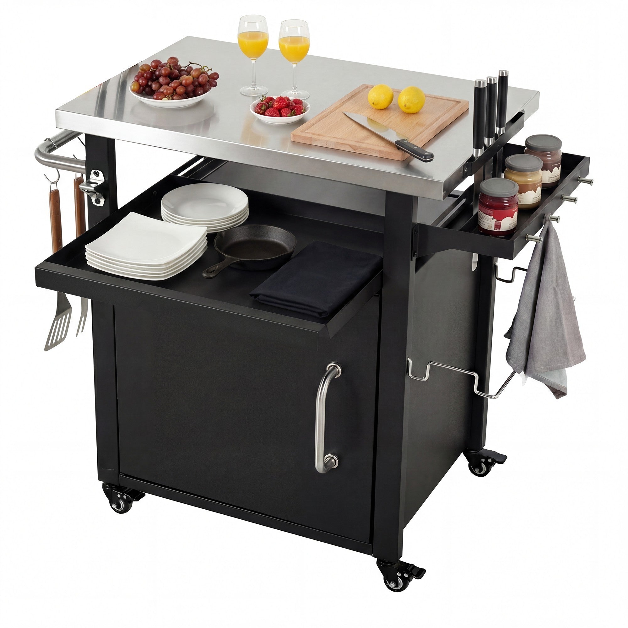 K&K 39.5' Outdoor Grill Cart with Storage Cabinet, Outdoor Bar Cart Pizza Oven Table with Wheels, Stainless Steel Top, Outdoor Kitchen Island with Spice & Paper Rack for BBQ, Waterproof Cover Included - Grand Goldman Shop