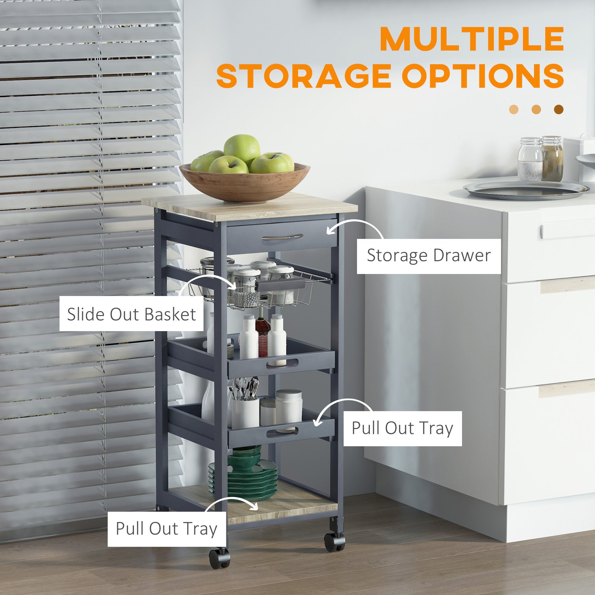 Mobile Rolling Kitchen Island Trolley Serving Cart with Underneath Drawer & Slide-Out Wire Storage Basket, Grey - Grand Goldman Shop