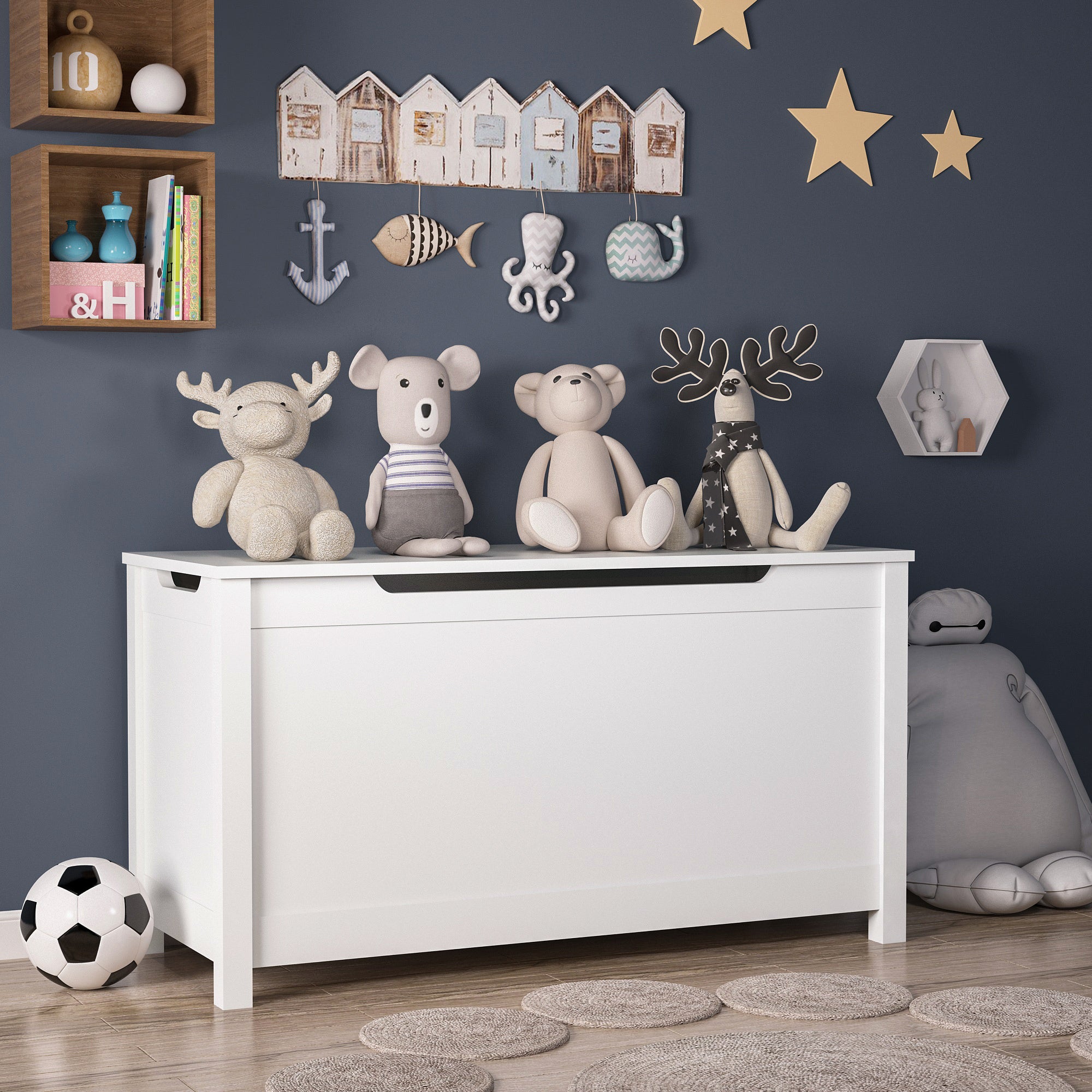 Kids Wooden Toy Box Storage with Safety Hinged Lid for Ages 2+ (White) - Grand Goldman