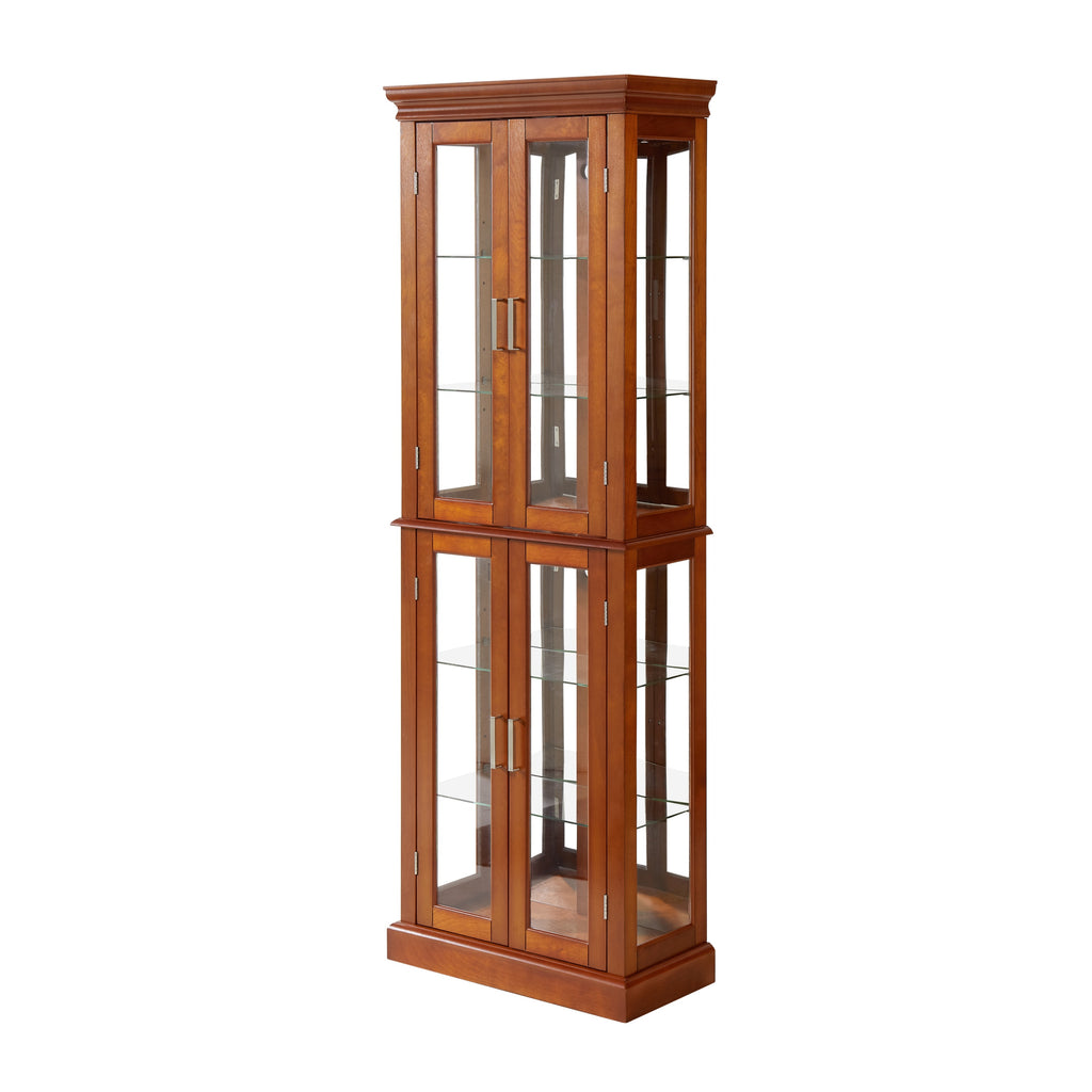 Lighted Curio Cabinet with Adjustable Shelves, Mirrored Back, and Tempered Glass Doors, 6-Tier Walnut Finish - Grand Goldman Shop