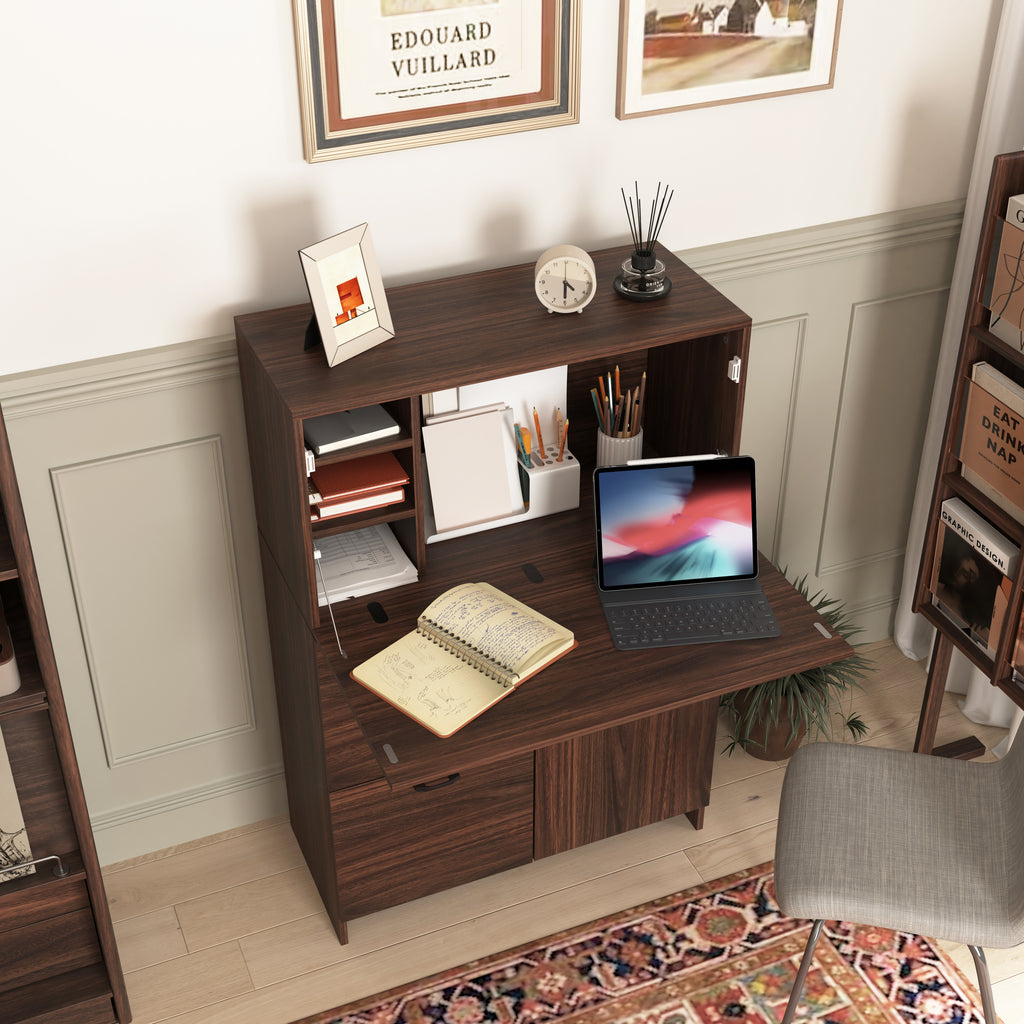 Desk Cabinet, with Storage Drawer & Shelves, Fold-up Desktop, Ideal for Home, Office, Kitchen storage organizer, Dormitory, Small Spaces W31.49'xD13.78'xH47.2' - Grand Goldman Shop