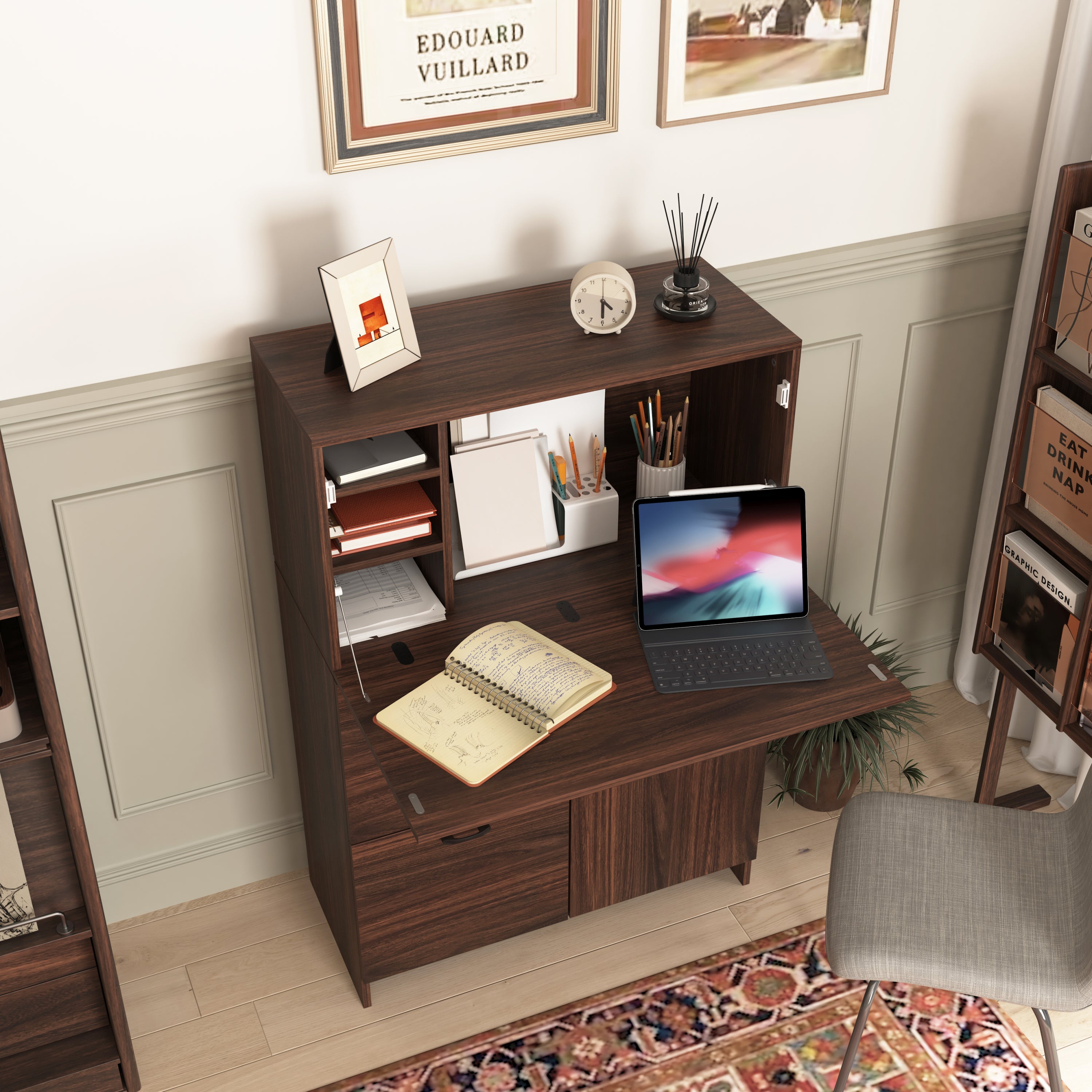 Desk Cabinet, with Storage Drawer & Shelves, Fold-up Desktop, Ideal for Home, Office, Kitchen storage organizer, Dormitory, Small Spaces W31.49'xD13.78'xH47.2' - Grand Goldman Shop