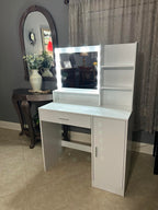 Vanity Desk with Mirror & Light, Large Drawer Three Level Storage Dresser, 3 Lighting Modes Adjustable Brightness, Bedroom Dressing Table(Pink) - Grand Goldman Shop