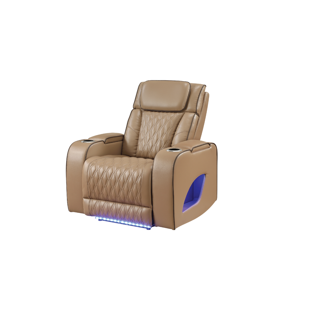 Fortuner Power Reclining 3Pc Living Room Set in Caramel Faux Leather with LED Lights, Massage Function, Bluetooth Speakers and Wireless Charging - Grand Goldman Shop