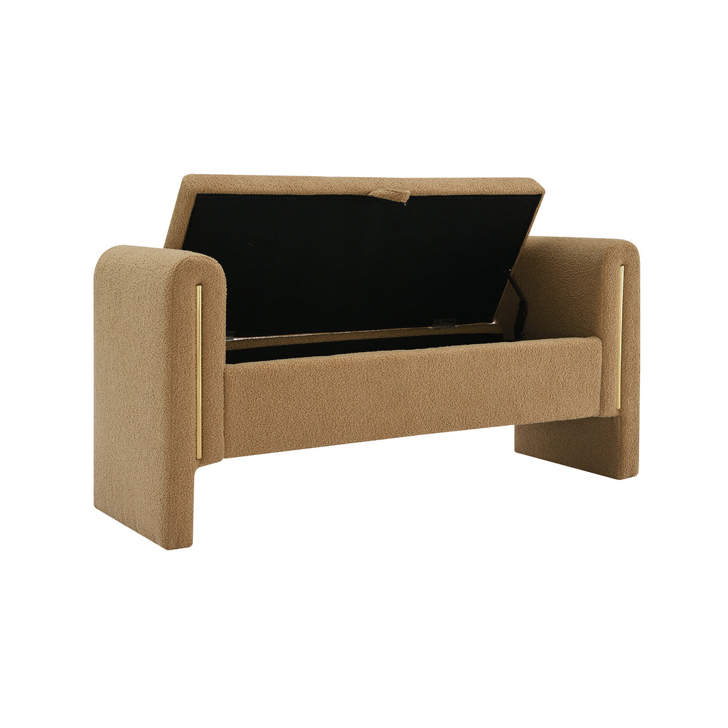 Modern Teddy Bed End Bench with Arms and Storage, Upholstered Foot Rest Stool, Coffee Color, Plywood, 52.3' Length - Grand Goldman Shop