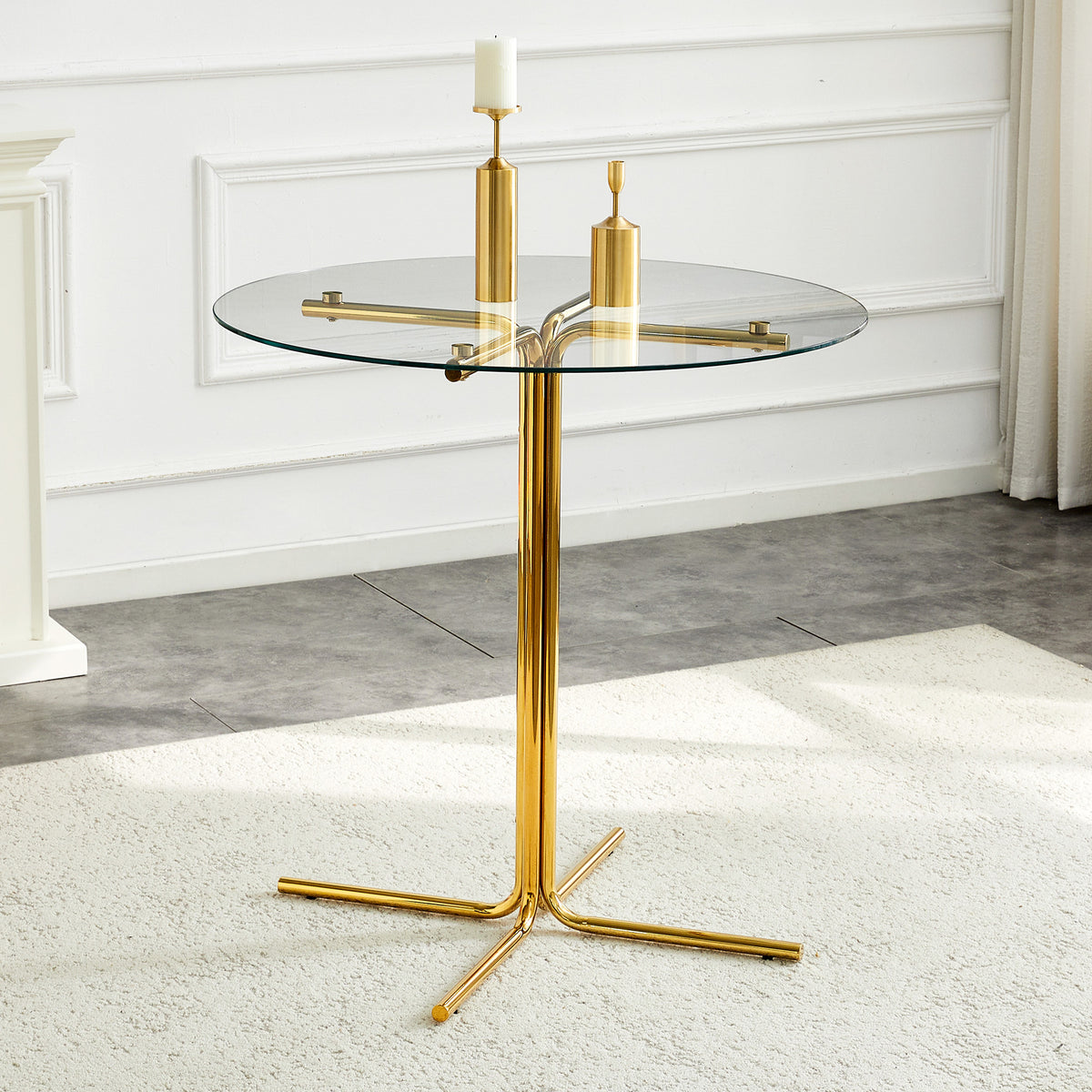 Round glass bar high table, 36 inch round bar table, tempered glass tabletop, sturdy gold chrome plated four column support, suitable for transparent round bar tables in small spaces, kitchens - Grand Goldman Shop