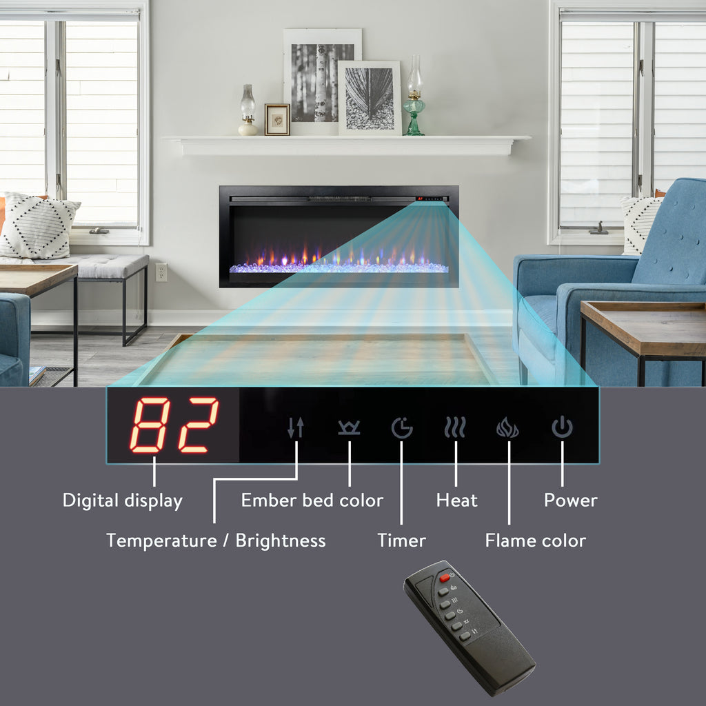 44 inch in wall recessed  electric fireplace with remote and multi color flame & emberbed, LED light heater - Grand Goldman Shop