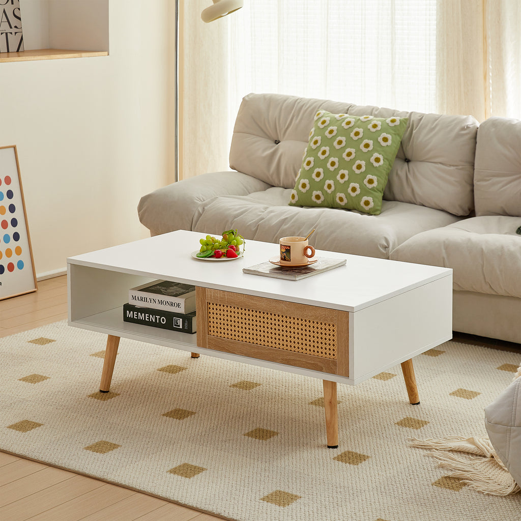 41.34' Rattan Coffee Table, Sliding Door for Storage, Solid Wood Legs, Modern Table for Living Room-White - Grand Goldman Shop