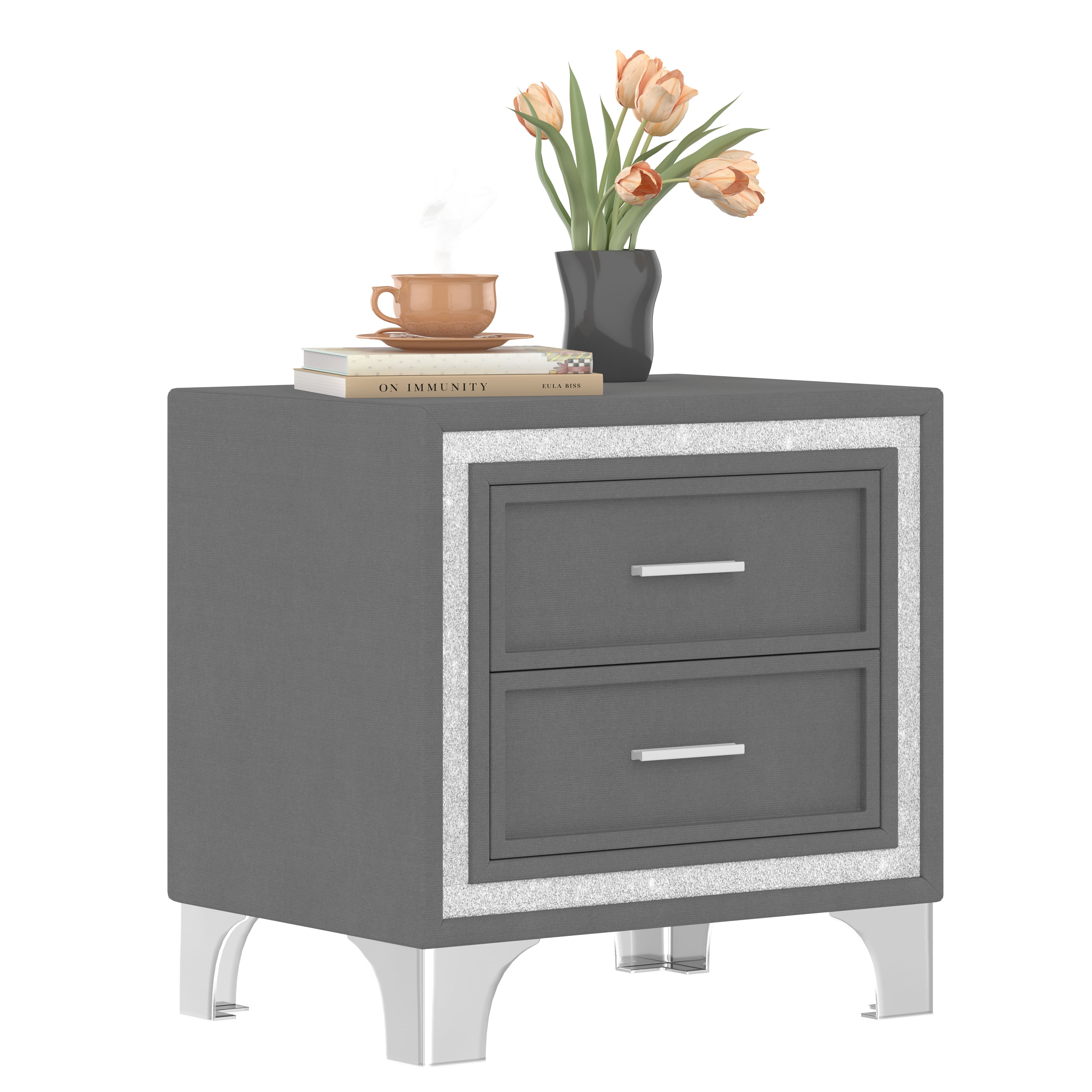 Mid Century Vintage Nightstand with Silver Glitter Strip Decor and Metal Legs, Velvet Bedside Table with 2 Drawers, Fully Assembled Except Legs and Handles, Gray - Grand Goldman Shop