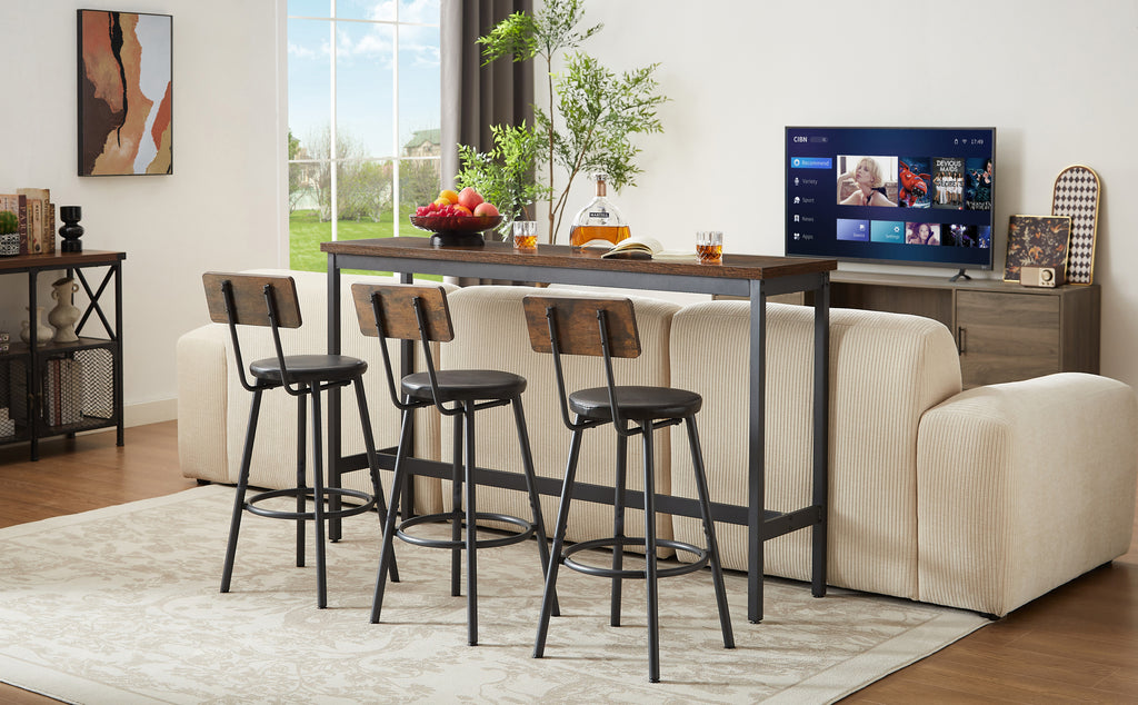 Long Bar Table Set with 3 PU Upholstered Bar Stools, Industrial Bar Table and Chairs for Kitchen Breakfast Table, Living Room, Banquet Hall, Rustic Brown and Black, 63″L x15.7'W x 37.5'H - Grand Goldman Shop
