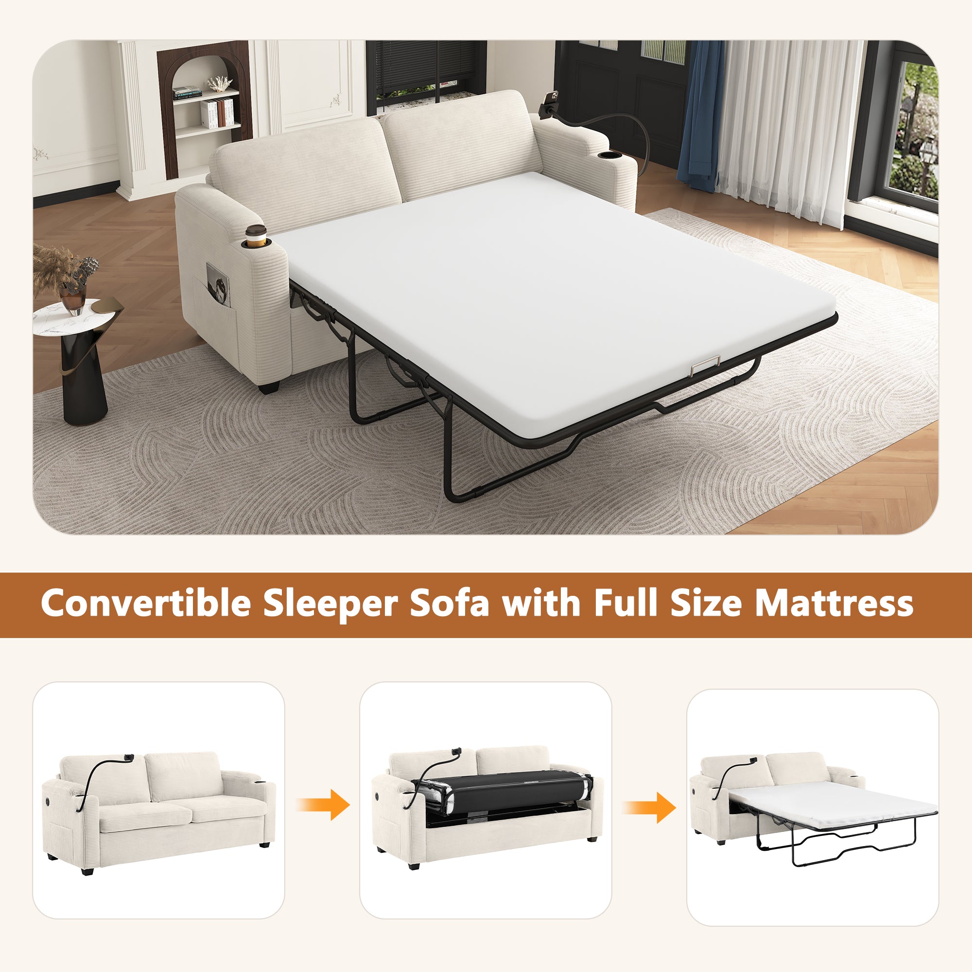 Beige Corduroy Sleeper Sofa Loveseat with Full Size Mattress, USB Ports, Cup Holders, Side Pockets, Phone Holder - Grand Goldman Shop