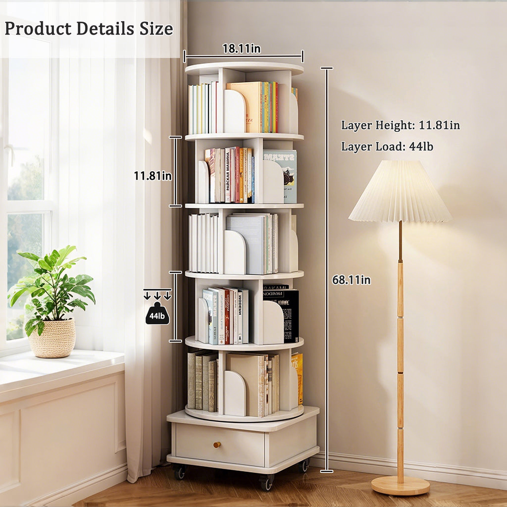 6 Tier Rotating Bookshelf, 360° Display Round Spinning Bookshelf with Wheels and Drawer, Space-Saving, Small Space Rotating Bookshelf Tower for Bedroom, Living Room, Home, Office, Warm White - Grand Goldman Shop