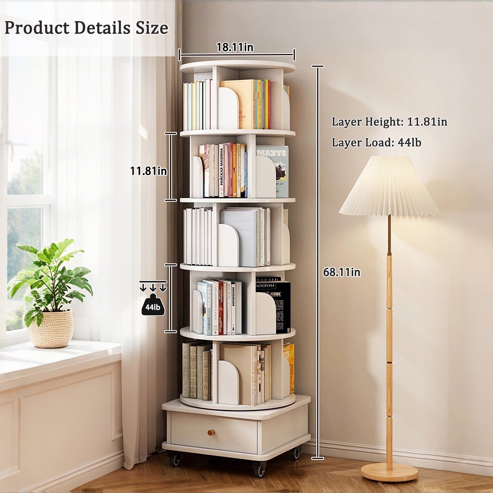 6 Tier Rotating Bookshelf, 360° Display Round Spinning Bookshelf with Wheels and Drawer, Space-Saving, Small Space Rotating Bookshelf Tower for Bedroom, Living Room, Home, Office, Warm White - Grand Goldman Shop