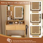 Modern Wood Vanity Table with LED Mirror, Power Outlet, Hairdryer Holder & Padded Stool – Compact Dressing Desk for Small Bedrooms - Grand Goldman Shop