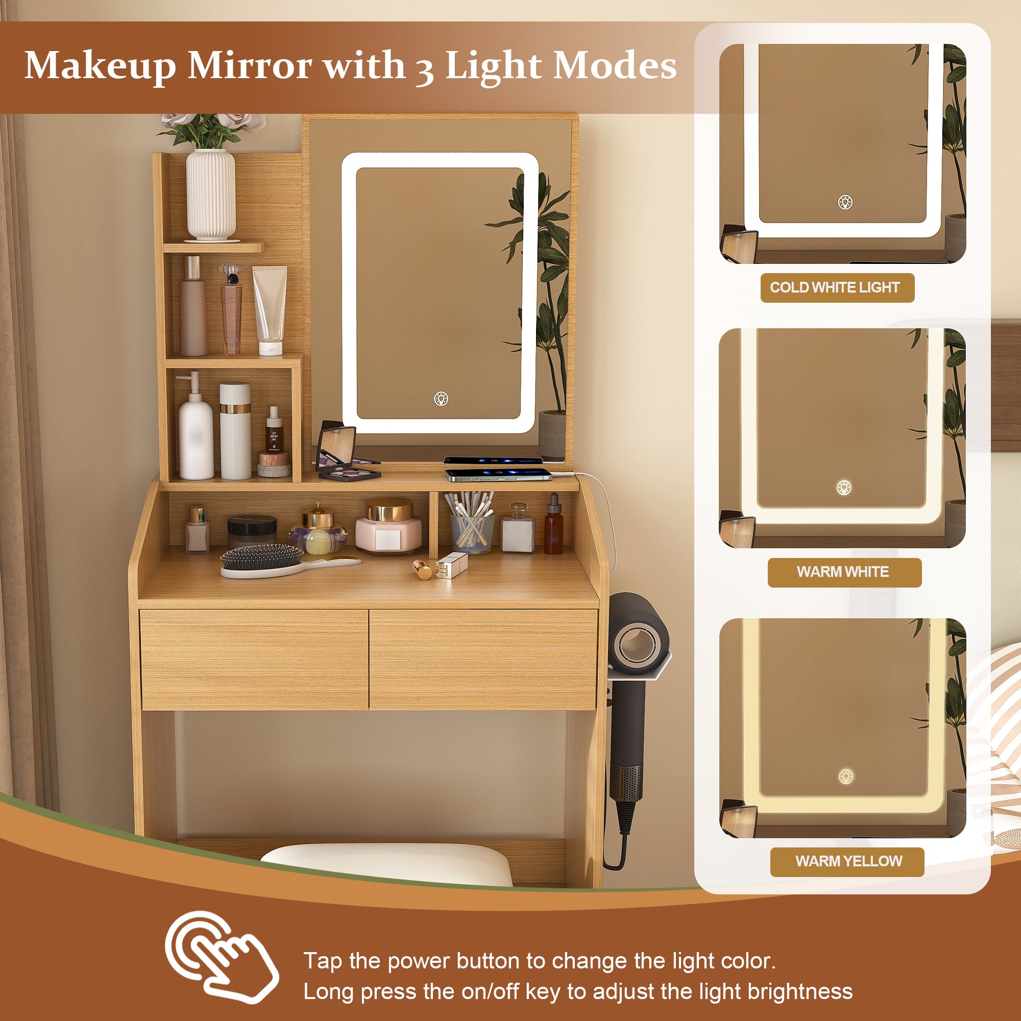 Modern Wood Vanity Table with LED Mirror, Power Outlet, Hairdryer Holder & Padded Stool – Compact Dressing Desk for Small Bedrooms - Grand Goldman Shop