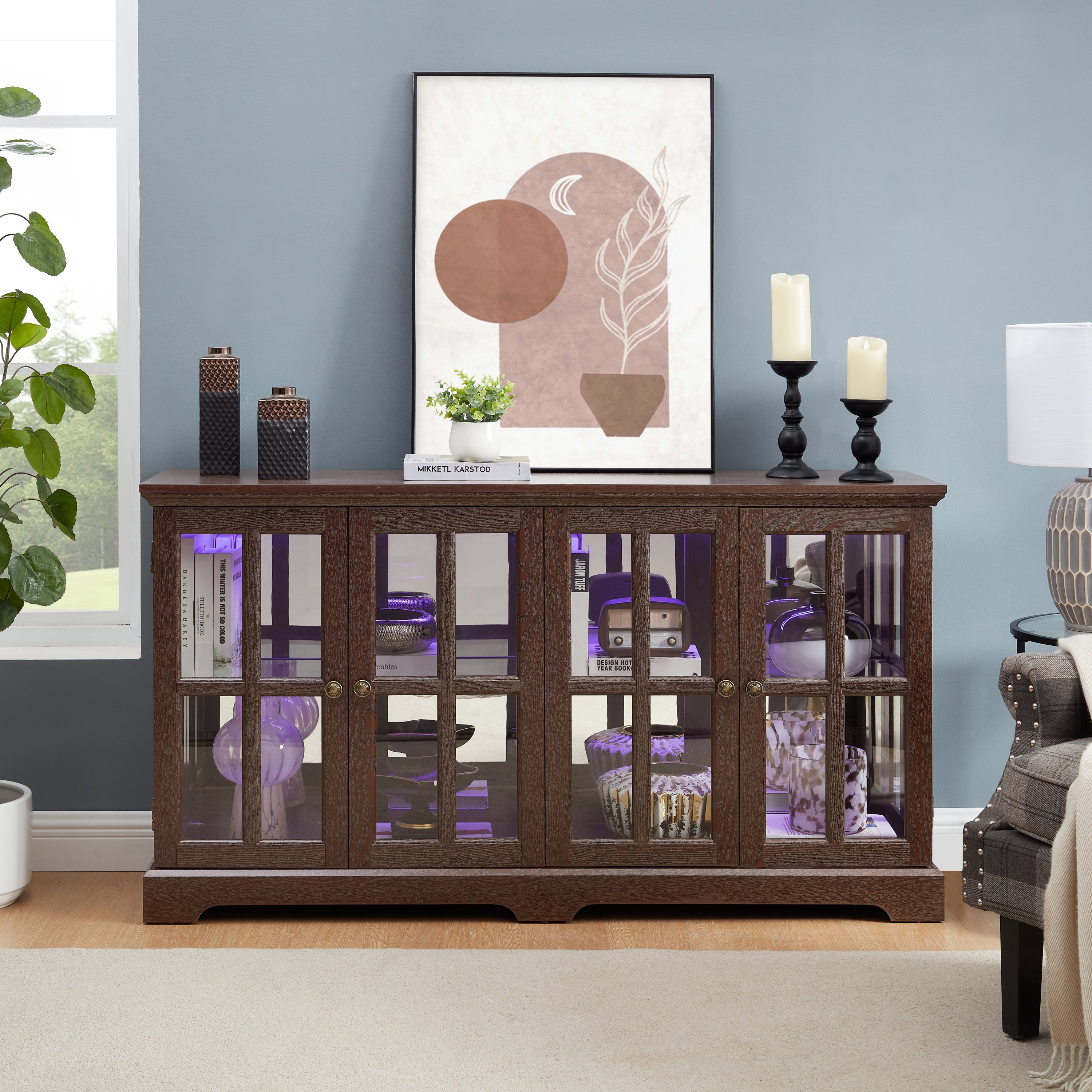 LED Curio Display Cabinet Antique Display Cabinet with Glass Doors Adjustable Shelves for Collectibles Four Door Design Vintage Showcase for Home or Office Antique Display Case CHERRY - Grand Goldman Shop