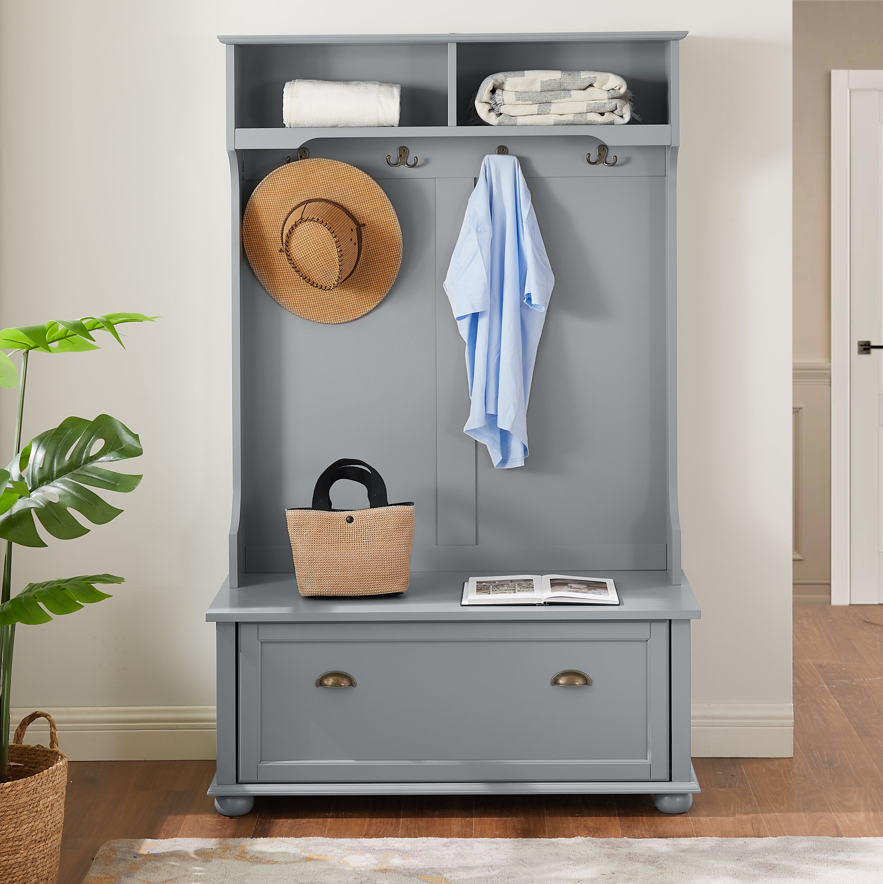 Modern Classic Hall Tree with Shoe Rack Bench and Coat Hooks for Hanging Storage, Entryway Bench with Open Shelves and Shoe Cabinets 40.16'W*18.58'D*64.17'H GRAY - Grand Goldman Shop