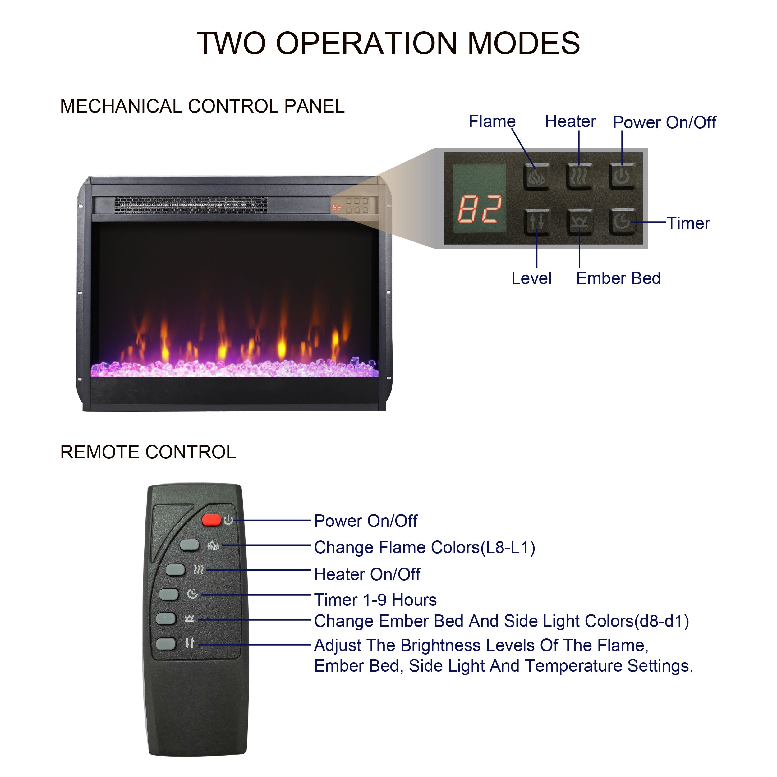 23 inch electric fireplace insert, ultra thin heater with crystal  & realistic flame, remote control with timer, overheating protection,with sidelight - Grand Goldman Shop
