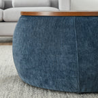 Dark Blue Round Storage Ottoman with 2 in 1 Function as End Table and Ottoman, Eucalyptus Wood and Foam, 25'x25'x14.7' - Grand Goldman Shop