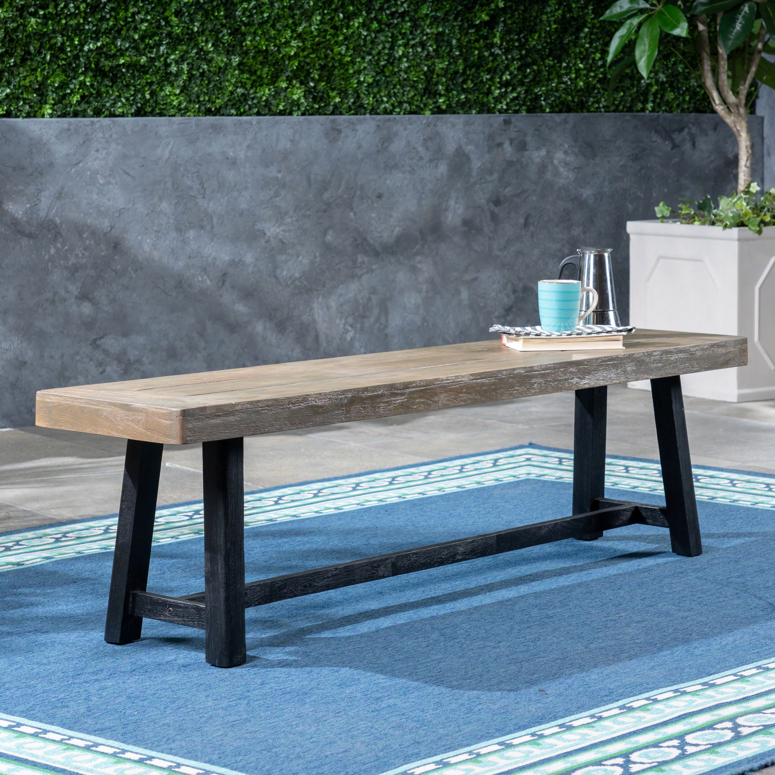 Cloud Outdoor Bench with Acacia Wood Frame and Slat Panel Design, Sandblast Grey and Black - Grand Goldman Shop