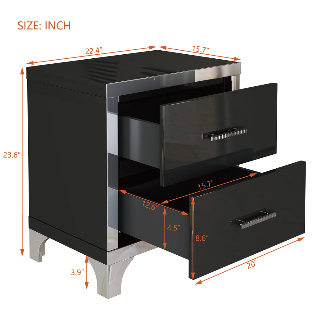 Elegant High Gloss Nightstand with Metal Handle,Mirrored Bedside Table with 2 Drawers for Bedroom,Living Room,Black - Grand Goldman Shop