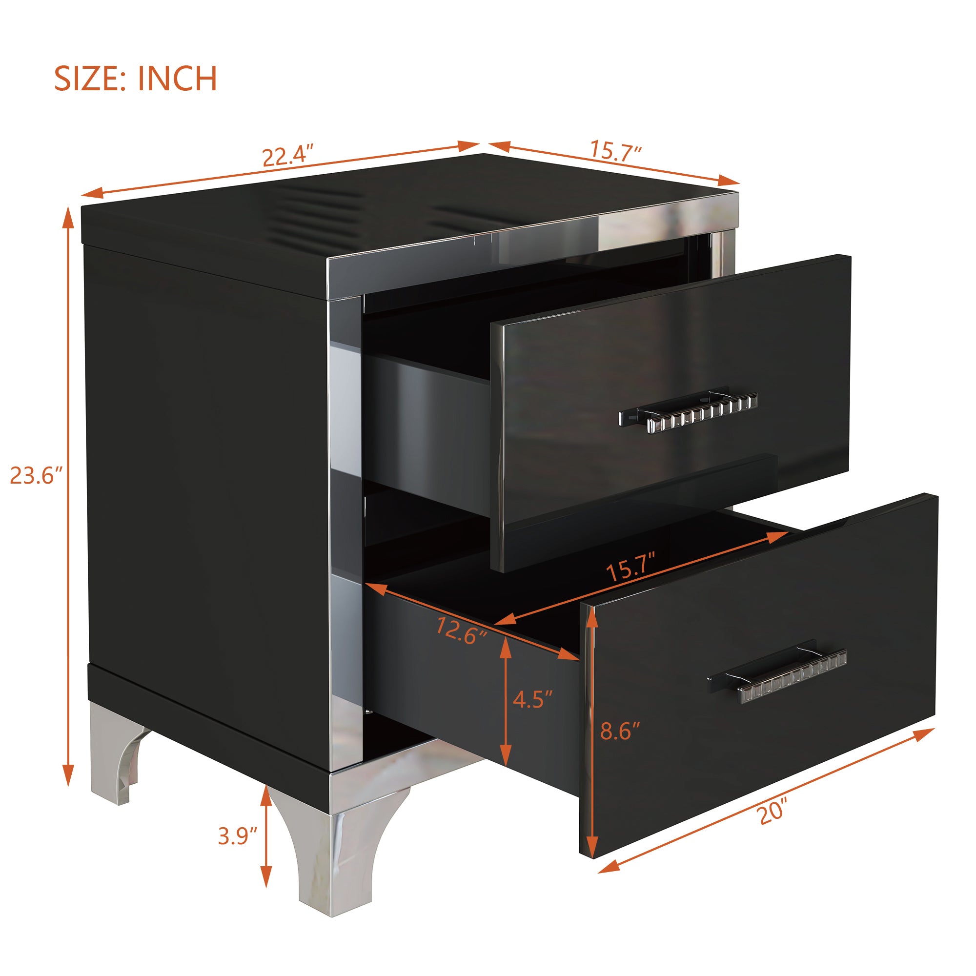 Elegant High Gloss Nightstand with Metal Handle,Mirrored Bedside Table with 2 Drawers for Bedroom,Living Room,Black - Grand Goldman Shop