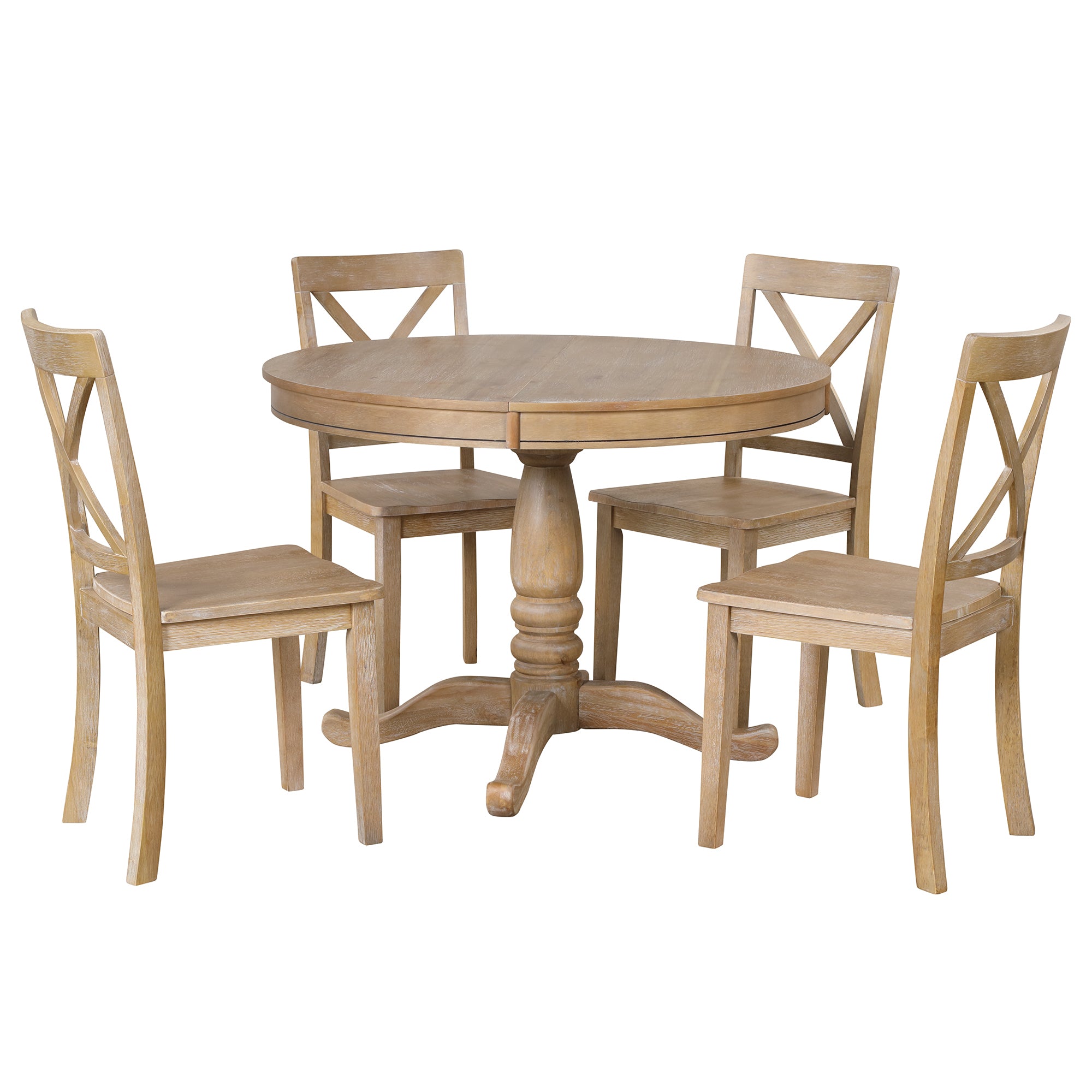 Modern Natural Wood Wash Dining Table Set for 4 with Round Table and Chairs, Solid Wood and MDF - Grand Goldman Shop