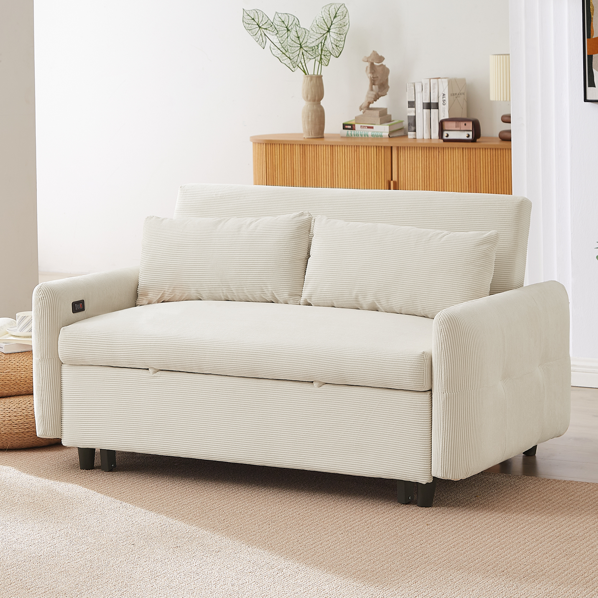 Modern Convertible Pull-out Sofa Bed with USB Ports and Pillows, Beige Corduroy, 57.48 inches - Grand Goldman Shop