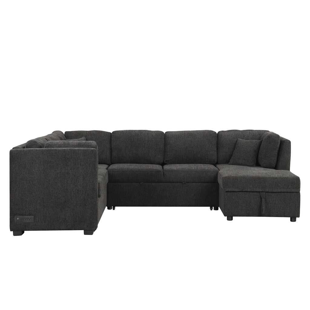 U-shaped Sectional Sofa Pull Out Bed with USB Ports, Power Sockets, Back Pillows & Storage Chaise, Black Chenille, 108.6' - Grand Goldman Shop