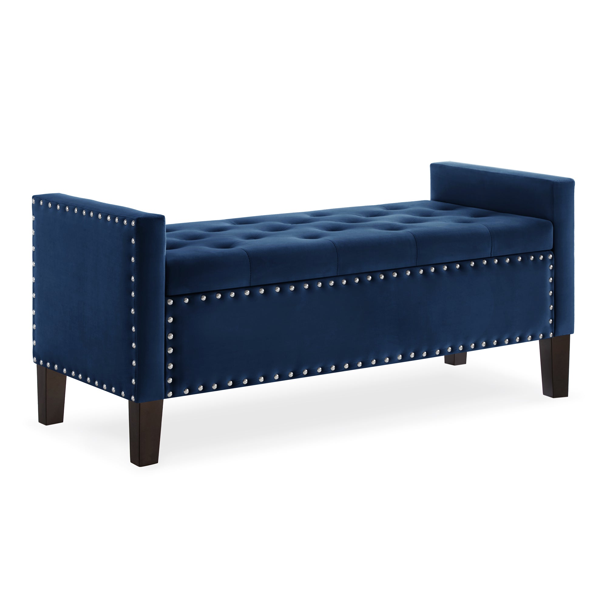 Upholstered Tufted Button Storage Bench with nails trim,Entryway Living Room Soft Padded Seat with Armrest,Bed Bench -Navy - Grand Goldman Shop